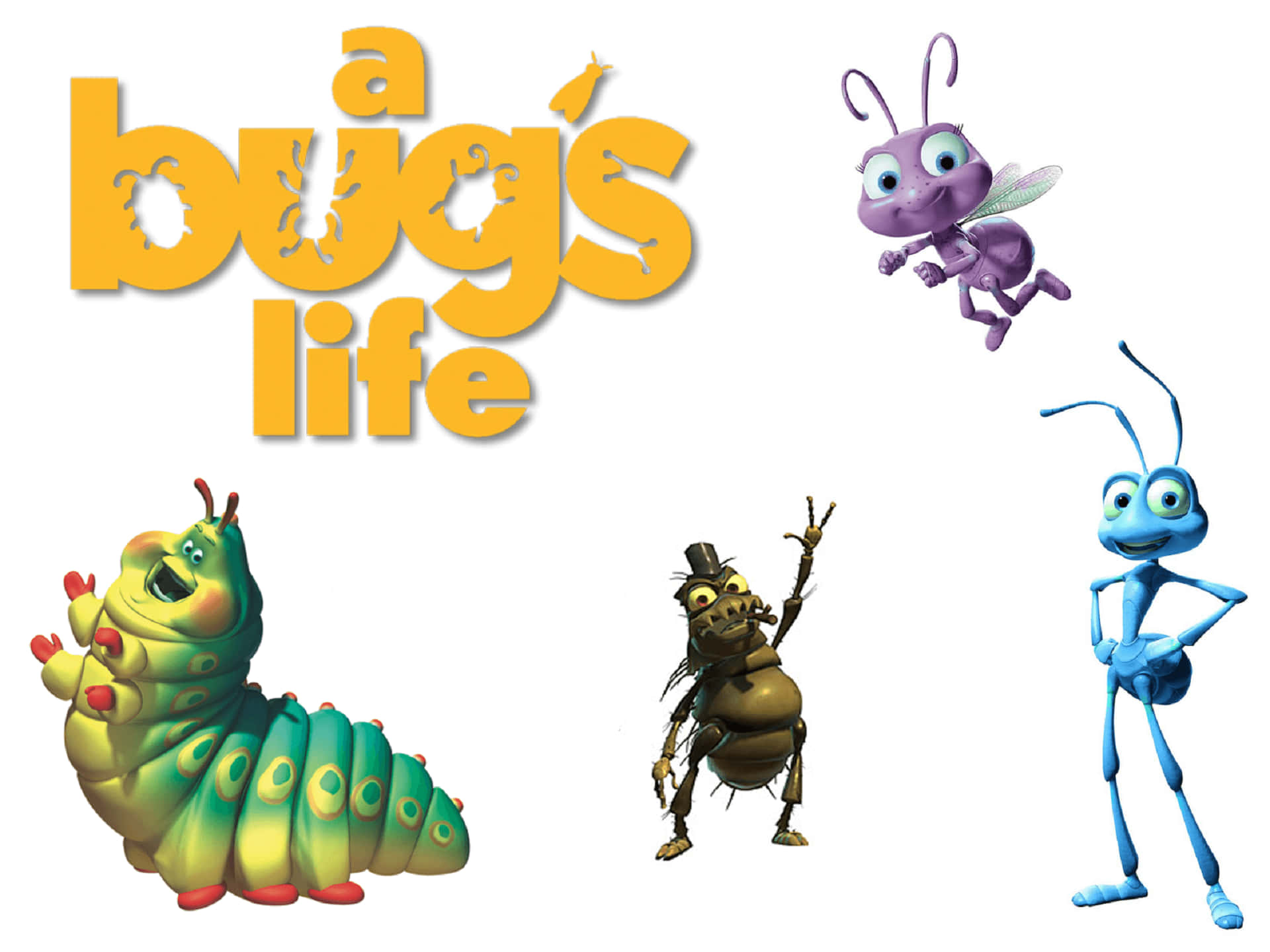 《A Bug's Life》主角冒險之旅 壁紙 — 《蟲蟲特工隊》中充滿活力的動畫角色在潔白背景上圍繞電影標題漂浮。