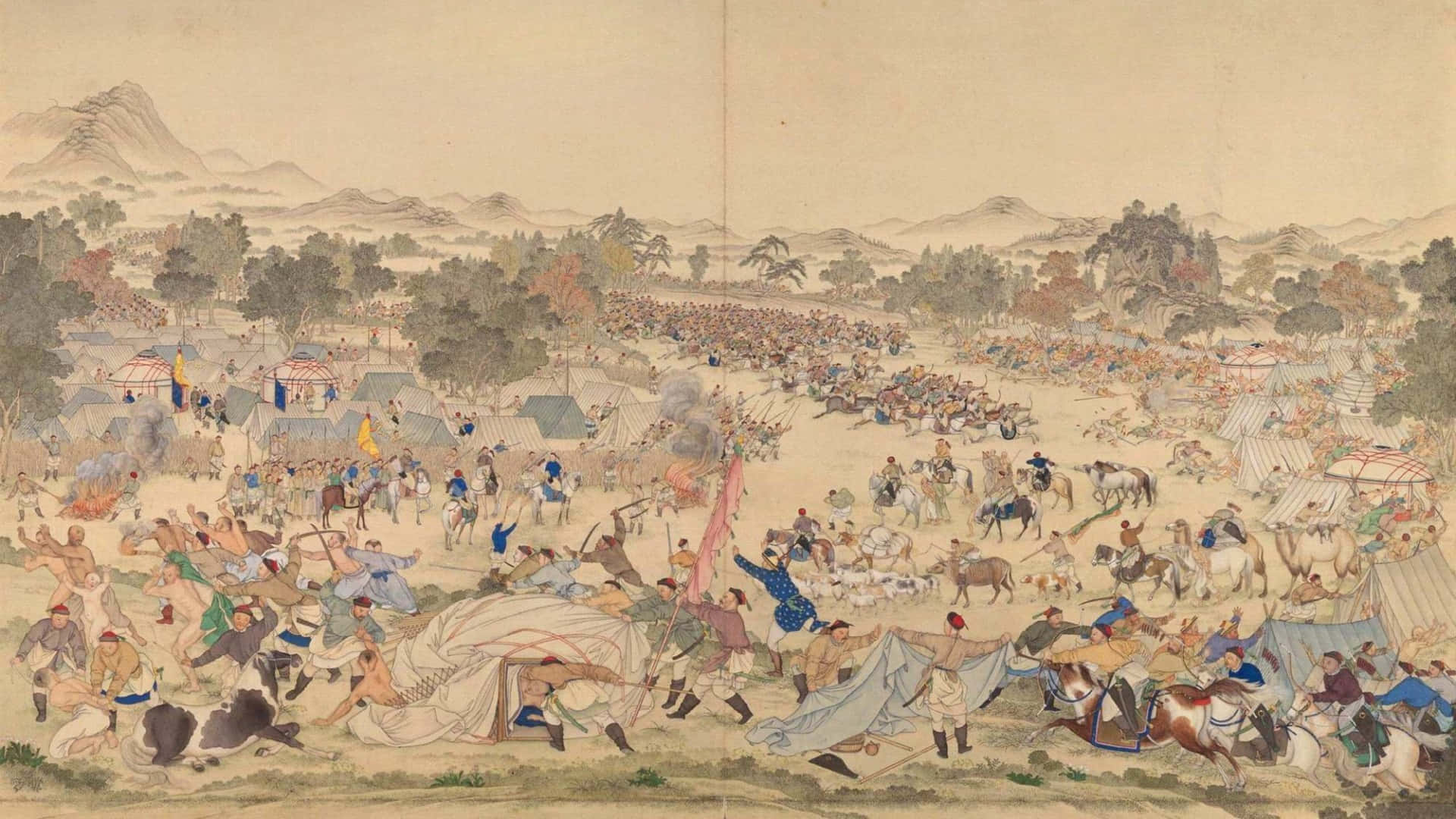  壁紙 — 一個繁忙的古代戰場營地，騎兵和步兵在帳篷和煙霧中，背景是朦朧的山脈。