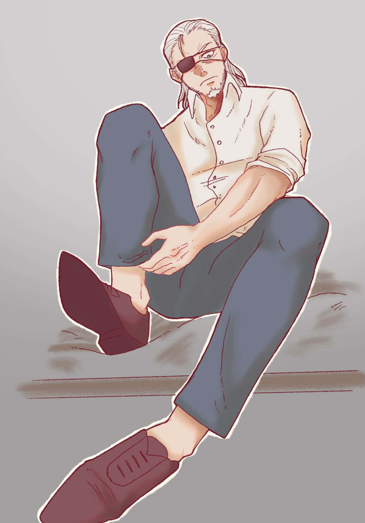  壁紙 — 一個冷靜的動漫男人，戴著黑色眼罩，長長的白髮，穿著白襯衫和藍褲子，盤腿坐在長椅上。
