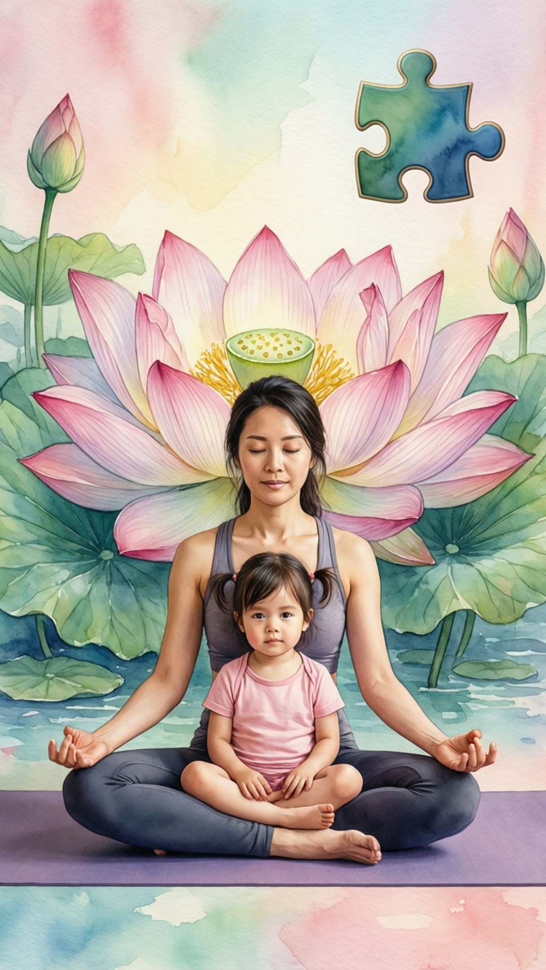水彩場景中，母親和孩子在巨大的粉紅色蓮花下冥想。