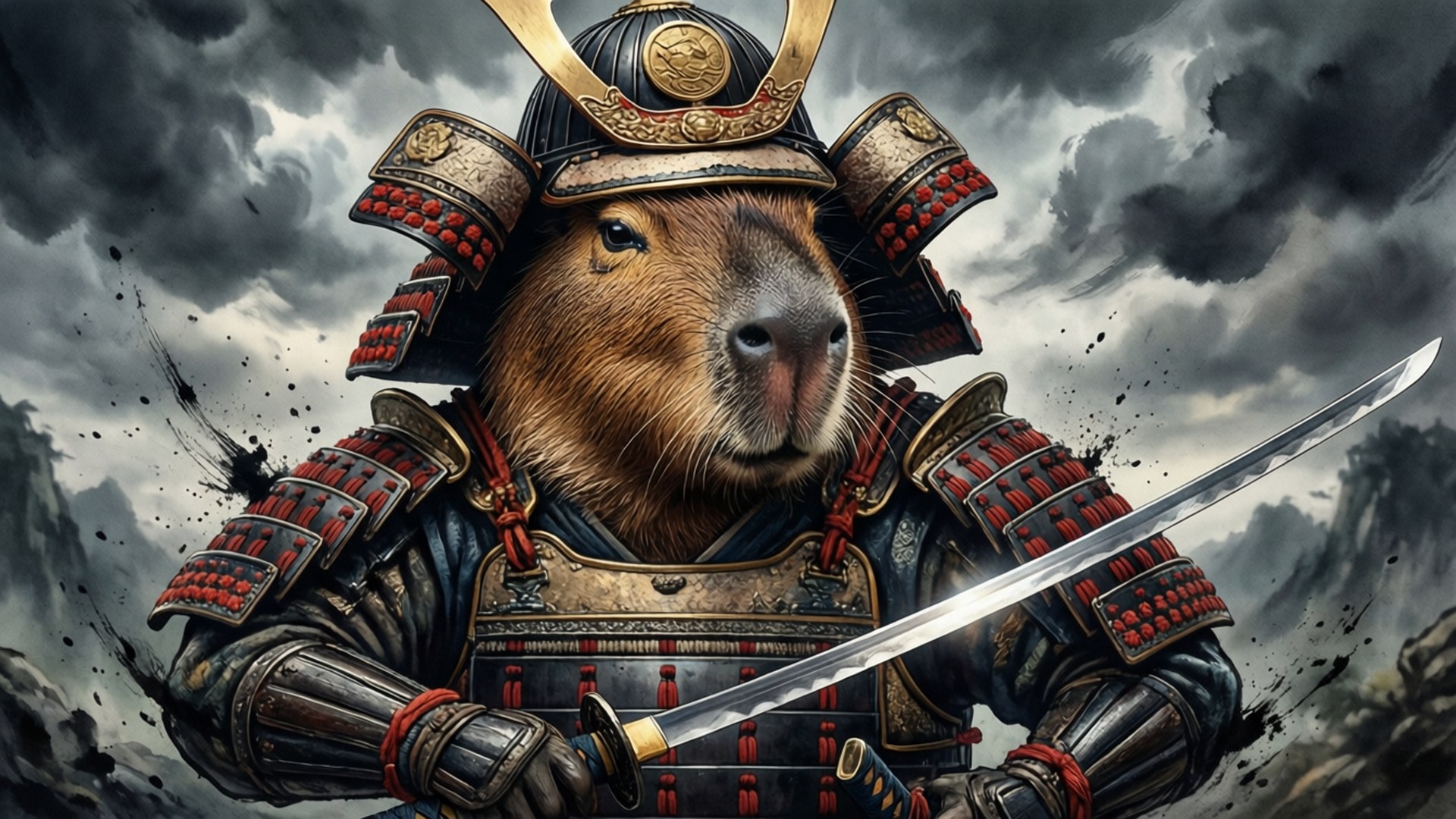 Capybara 桌布 壁紙 — 一隻水豚穿著精細的武士盔甲，在暴風雨的山景背景下握著一把閃閃發光的武士刀。