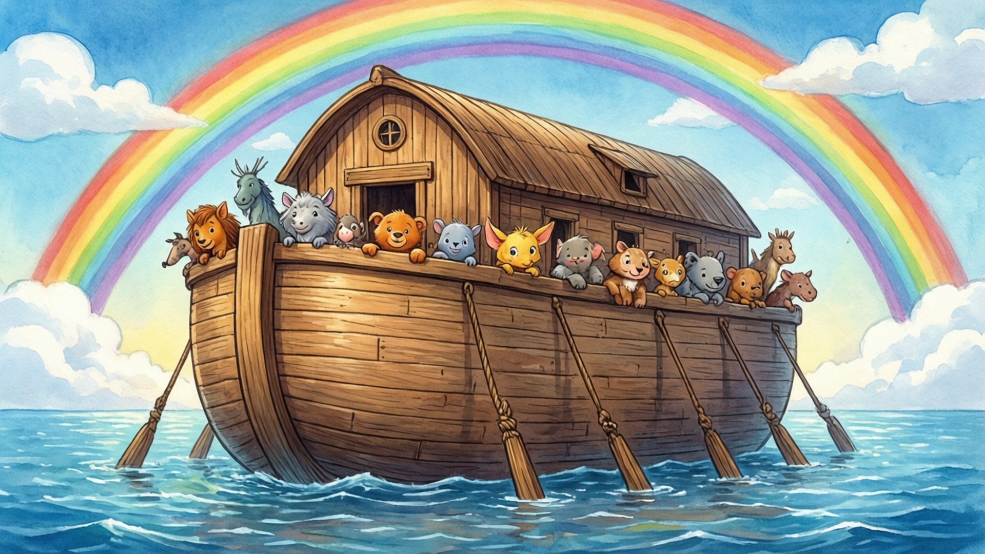Sunday School 桌布 壁紙 — 一艘卡通方舟漂浮在平靜的藍色水面上，彩虹鮮豔奪目，可愛的動物乘客從木欄杆上探出頭來。