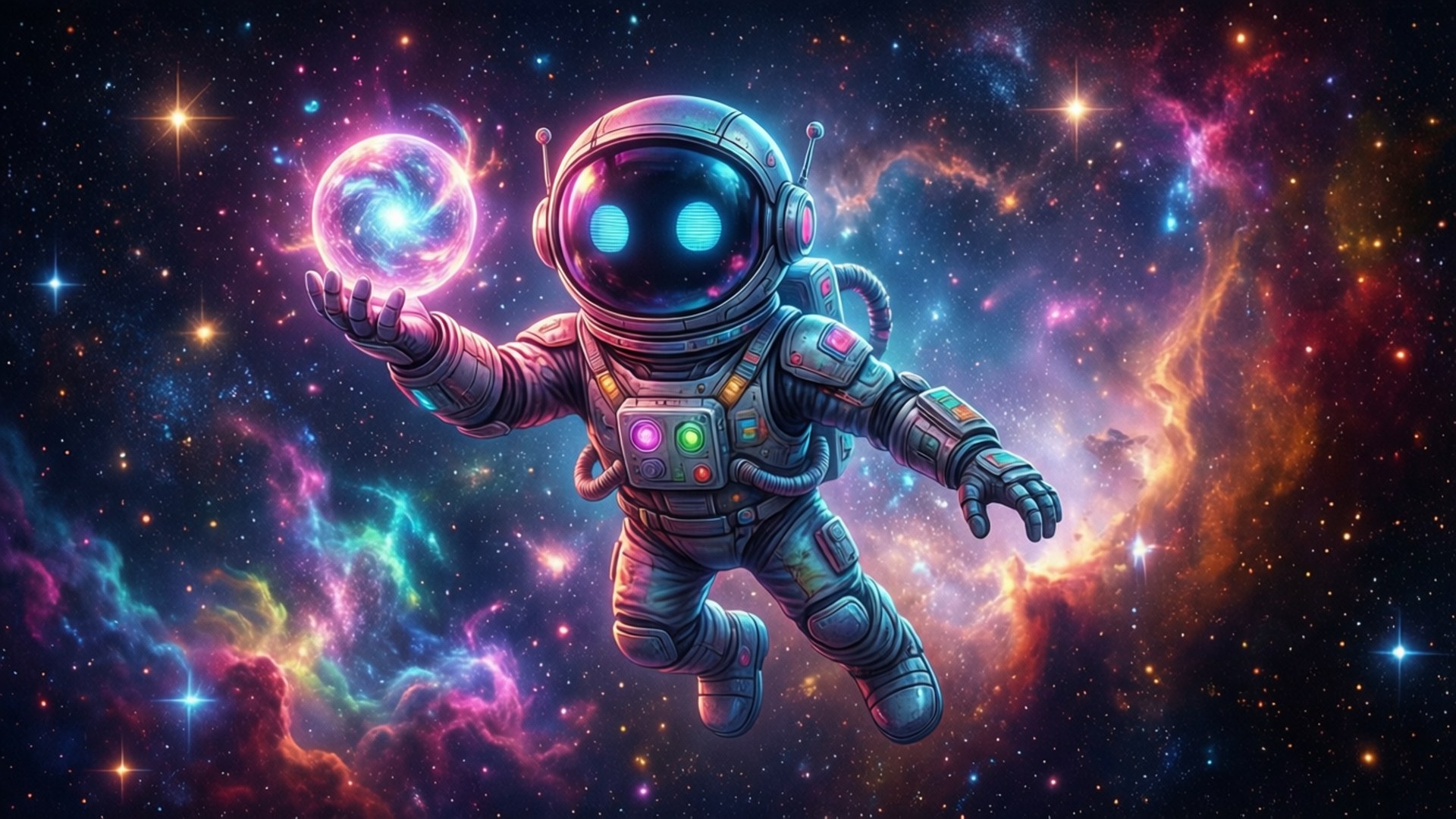 Astro Bot Rescue Mission 桌布 壁紙 — 一個卡通太空人在充滿活力的宇宙星雲中漂浮，手持發光球體，背景是星空。