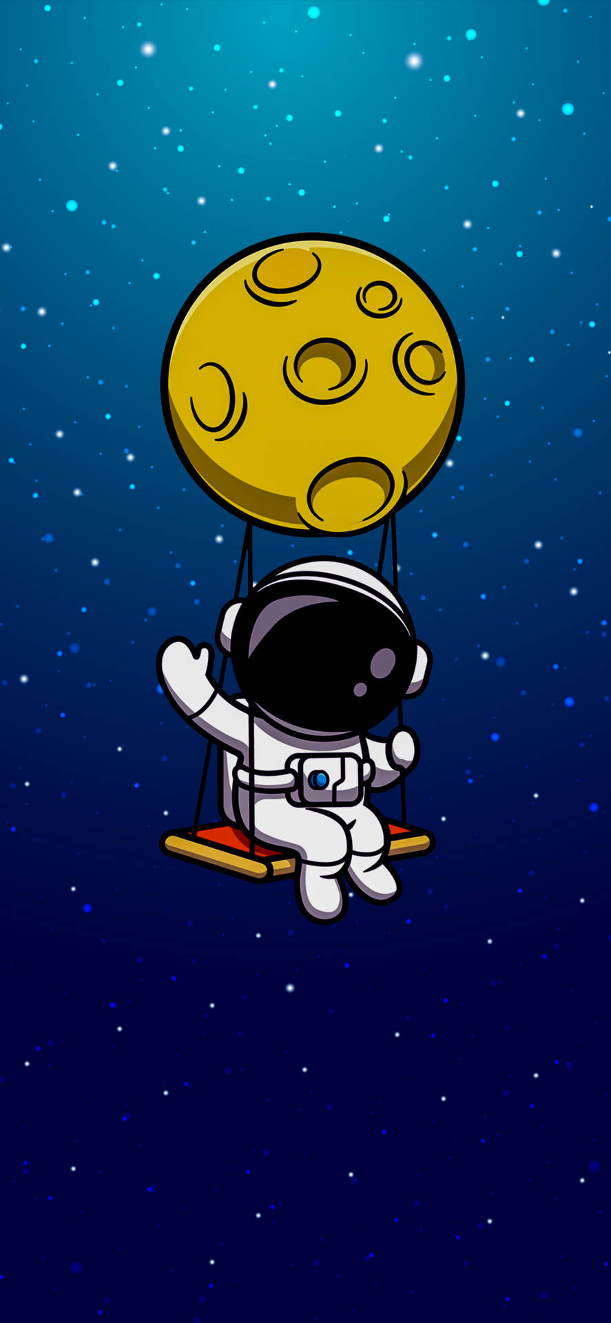 一個卡通太空人在星空夜空中由月亮支撐的鞦韆上。