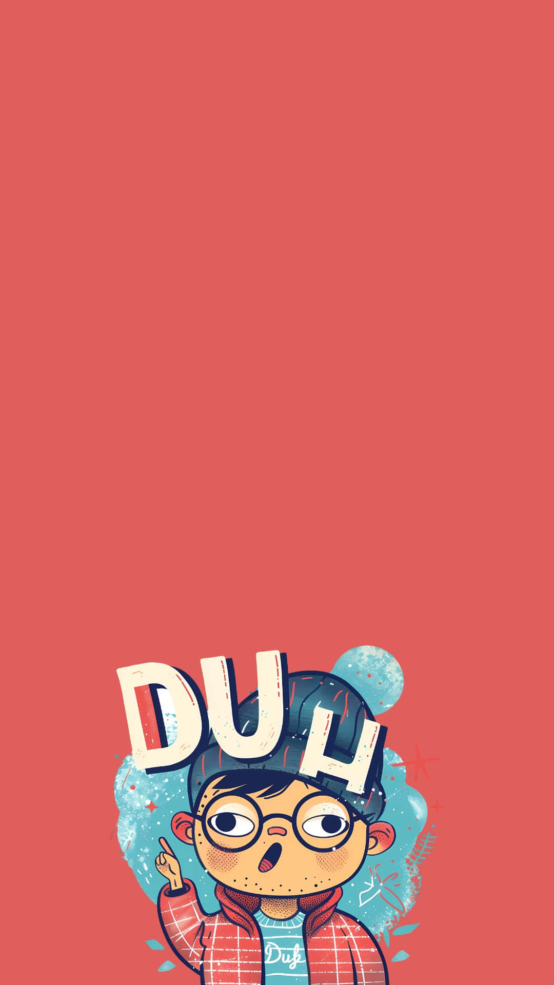  壁紙 — 一個卡通男孩，身穿紅色格仔衫和帽子，頭頂上漂浮著「DUH」文字，背景為純珊瑚色。