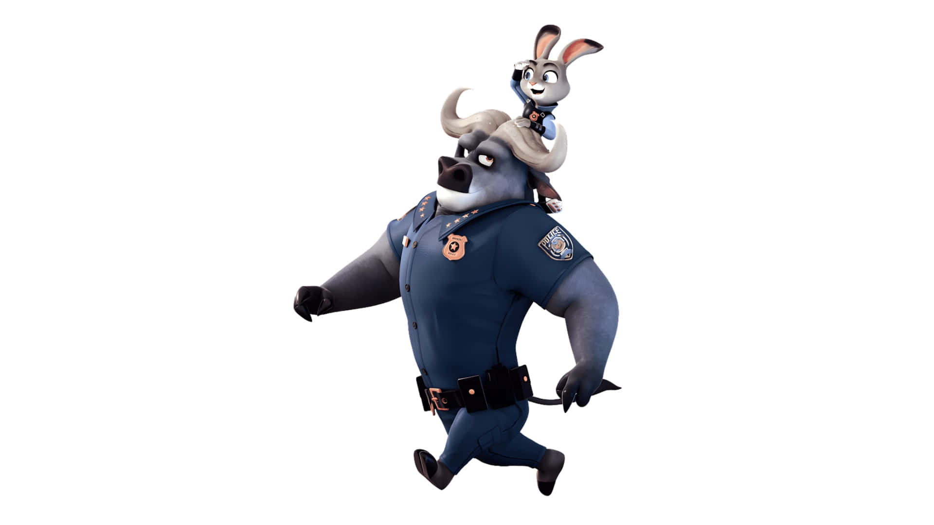  壁紙 — 一隻穿著藍色制服嘅卡通水牛警察，背住一隻兔仔警察喺度跑。