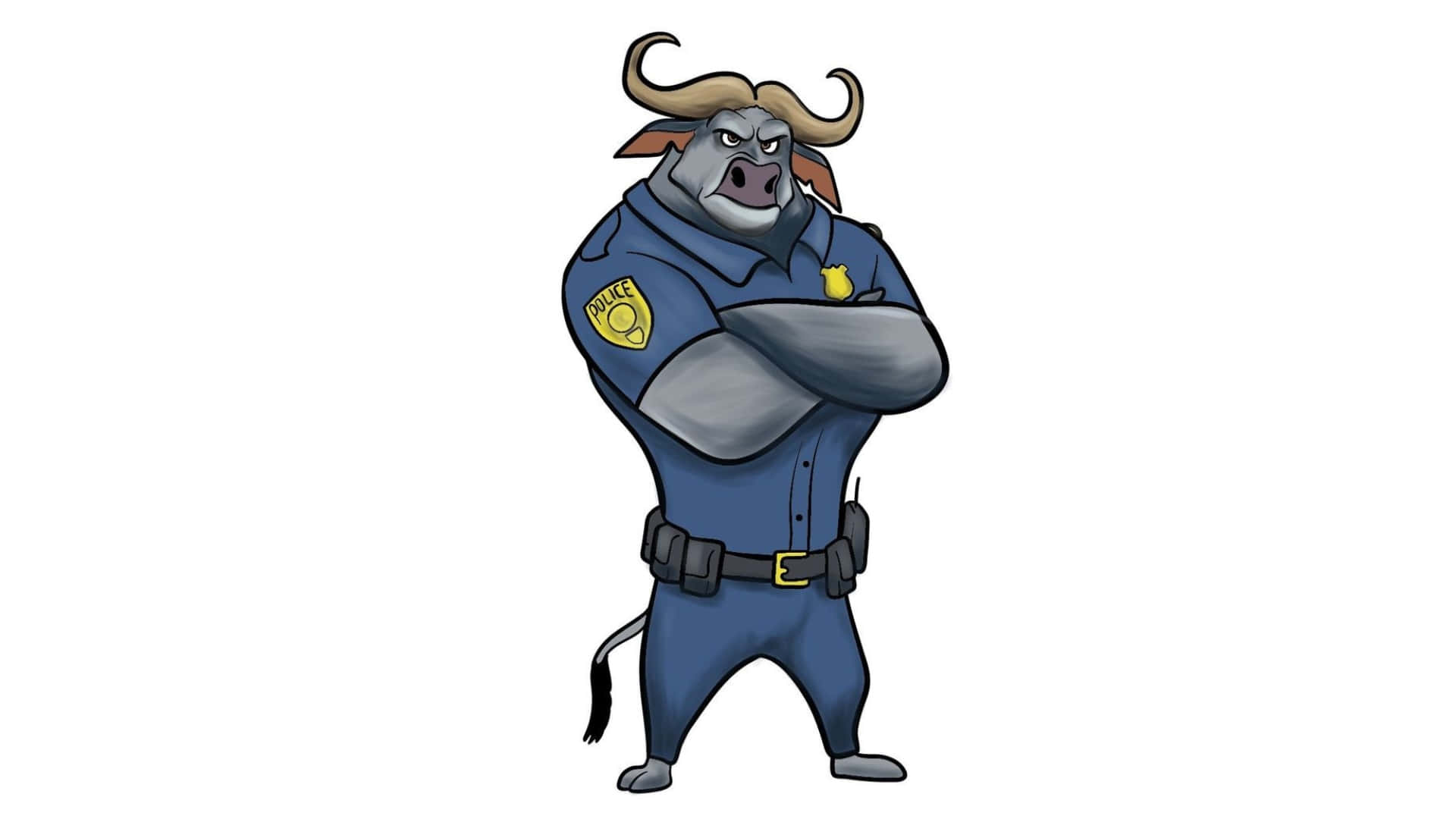  壁紙 — 一頭穿著藍色警察制服嘅卡通公牛企喺白色背景前，雙手交叉。