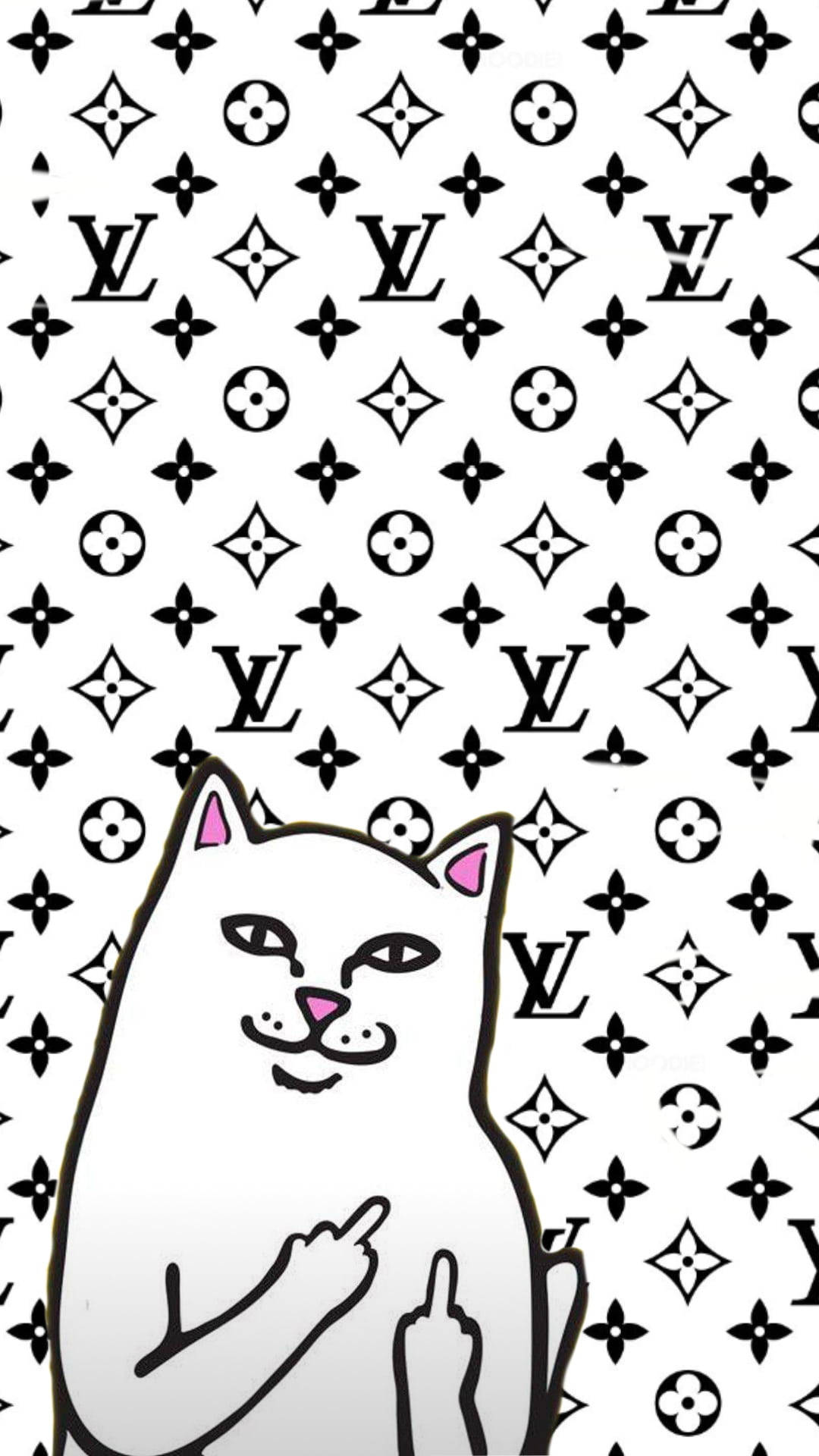 卡通貓在LV圖案背景上做手指手勢