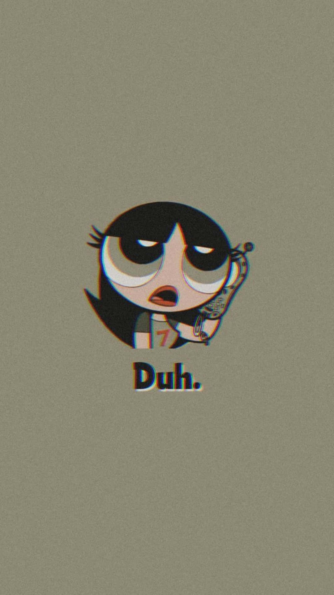  壁紙 — 一個卡通角色，有大眼睛和黑色頭髮，拿著電話，而「Duh.」這個詞出現在她下方。