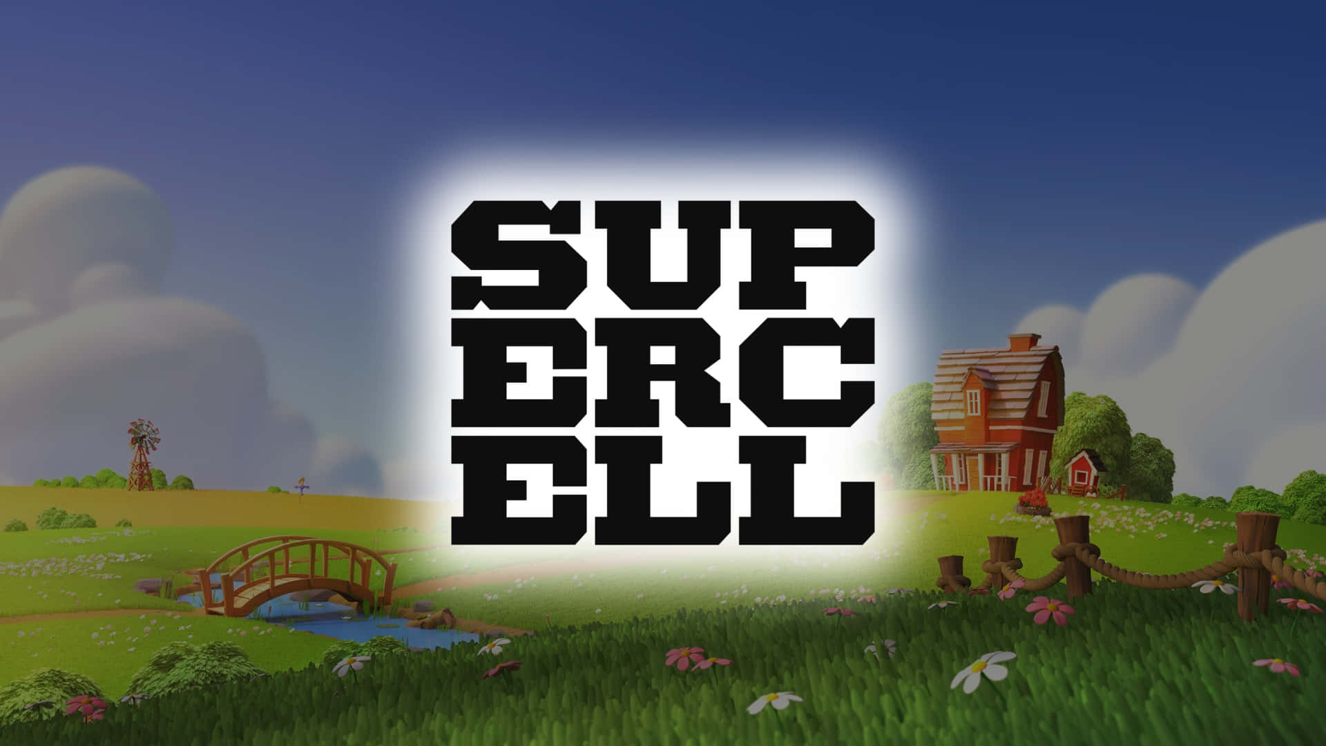  壁紙 — 一個卡通風景，有紅色房屋、橋樑和風車，在藍天下，Supercell 標誌在中央發光。