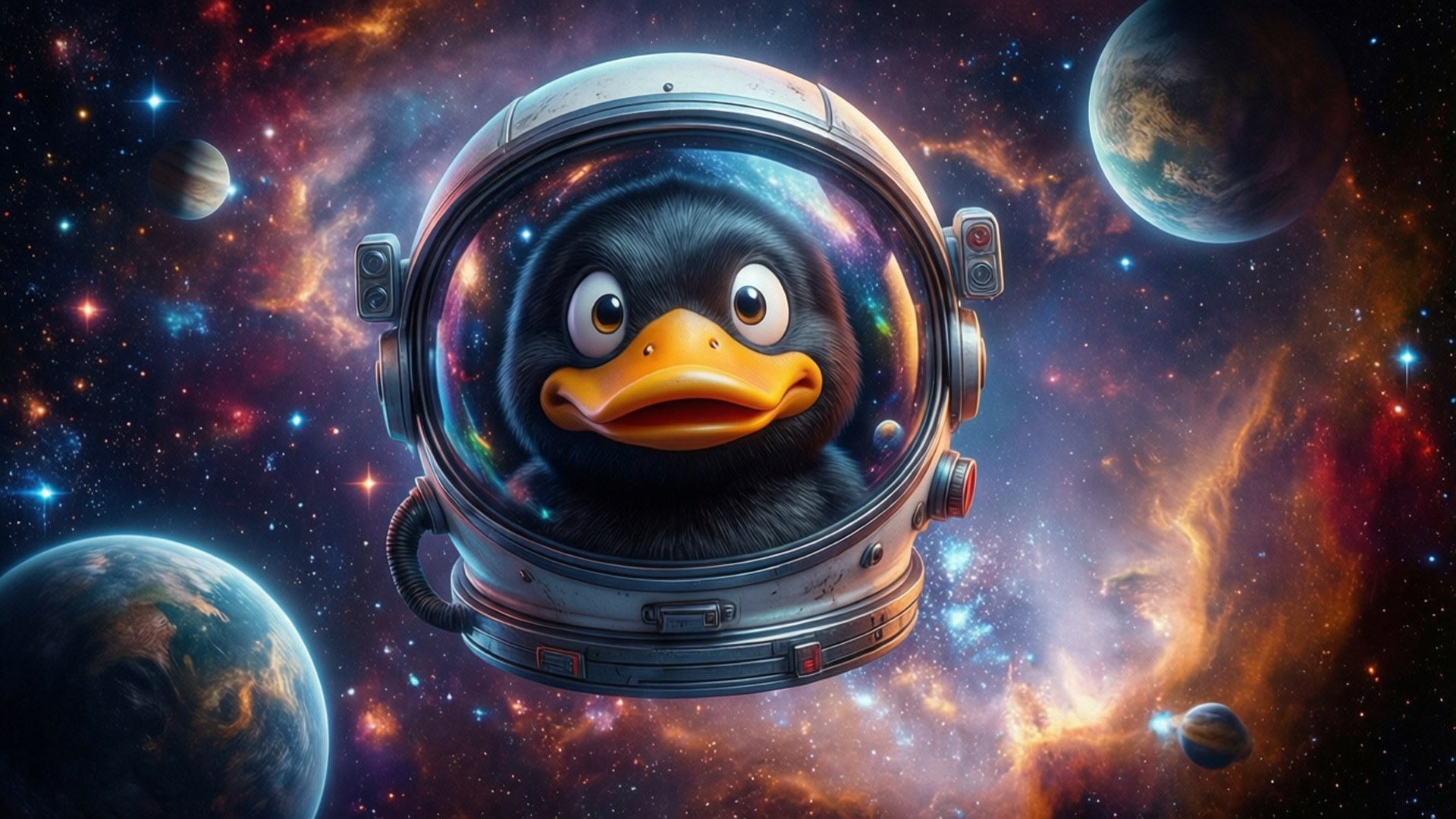 一隻卡通企鵝太空人在充滿行星和星星的彩色太空中漂浮。