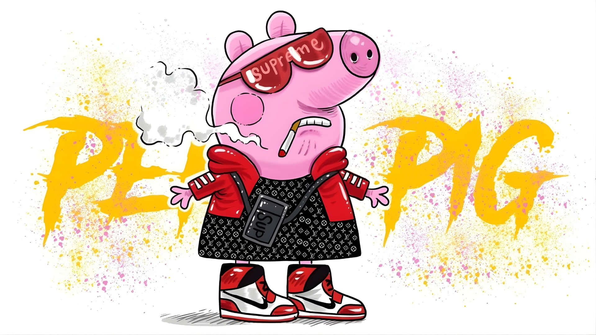  壁紙 — 一隻戴著紅色太陽眼鏡和設計師服裝的卡通豬在塗鴉風格的黃色背景上抽煙。