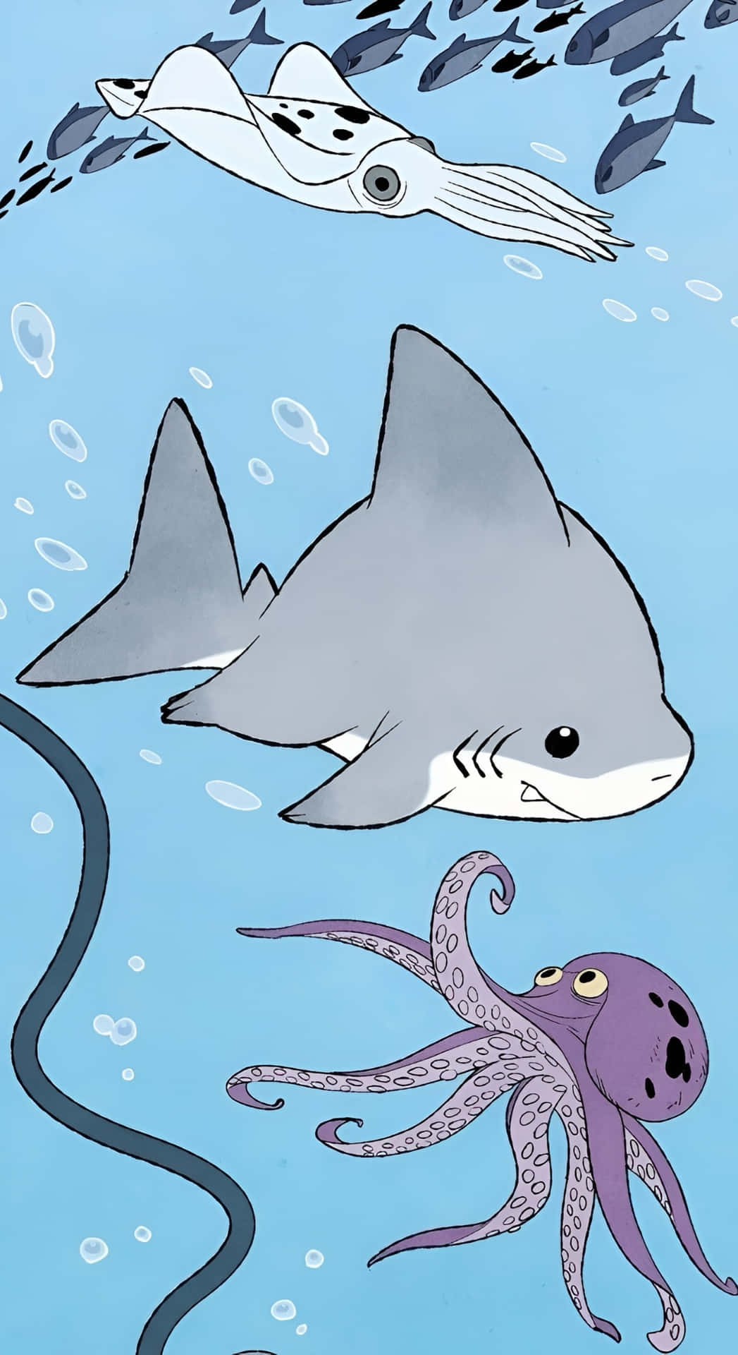 壁紙 — 一條卡通鯊魚、八爪魚和魷魚在淺藍色海洋中一起游動，周圍有氣泡和魚。