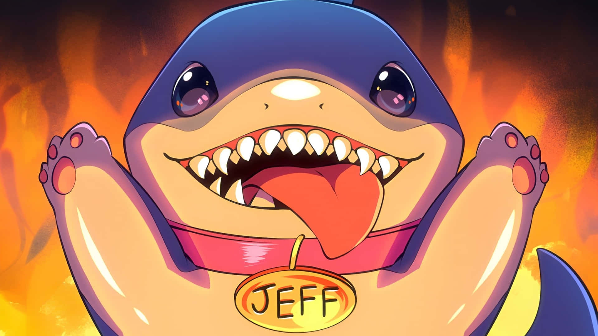  壁紙 — 一條卡通鯊魚咧嘴大笑，伸出舌頭，戴著一個寫有 'JEFF' 標籤的項圈，背景是火熱的橙色。