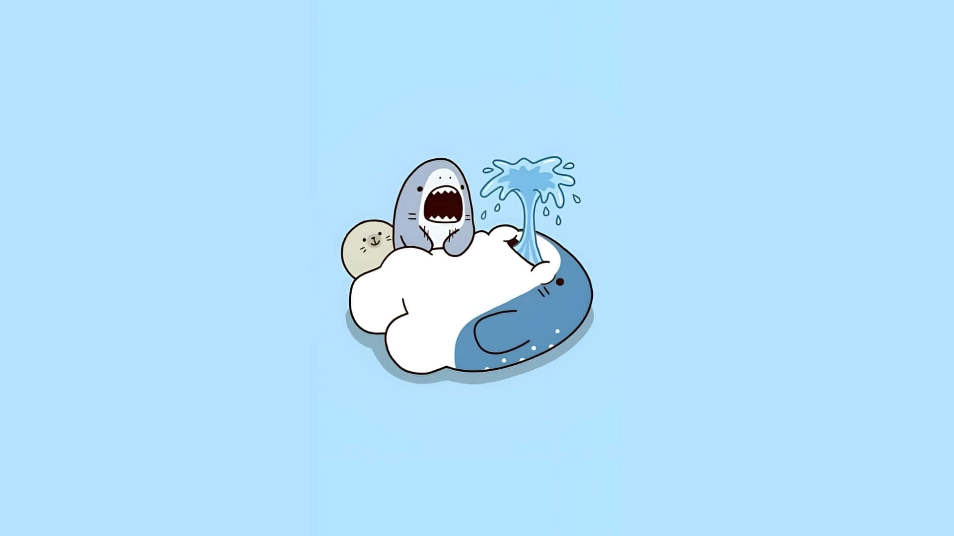  壁紙 — 一條卡通鯊魚，眼睛大大，嘴巴張開，坐在一個分裂的鯨魚雲上，向淺藍色背景噴水。