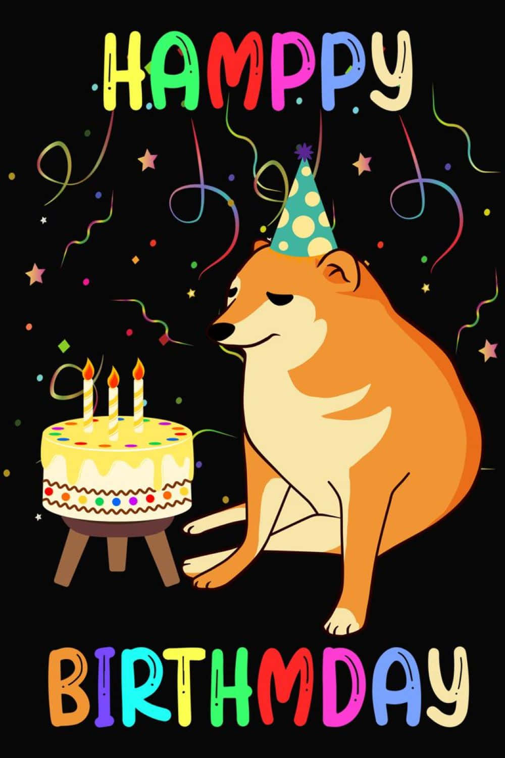  壁紙 — 一隻卡通柴犬戴著派對帽，在黑色背景上吹熄生日蛋糕上的蠟燭，周圍有五彩紙屑。