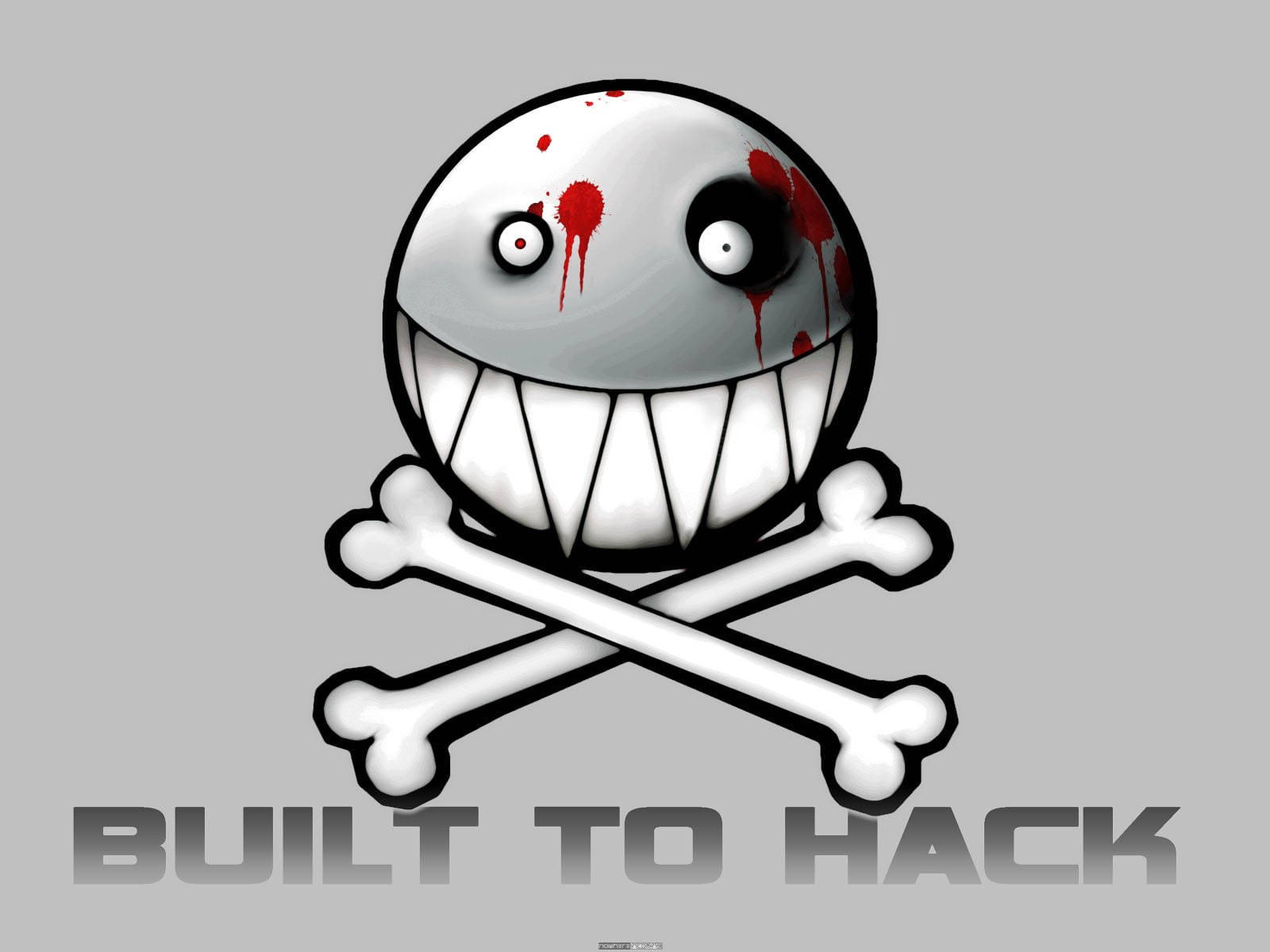 帶有血跡和交叉骨頭的卡通骷髏頭，文字為 built to hack。