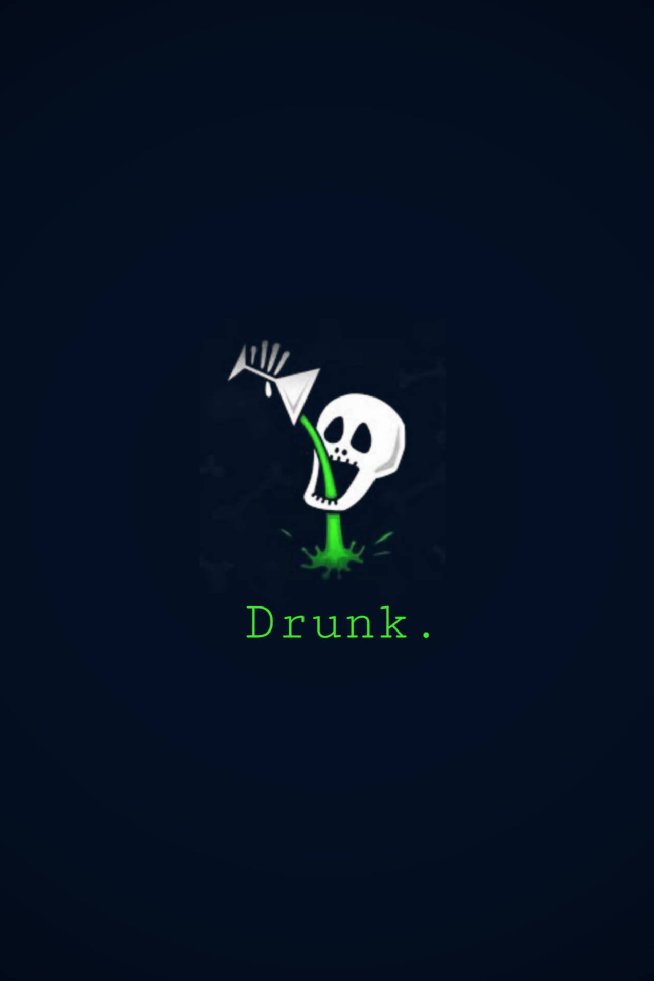 一個卡通骷髏頭嘔吐綠色液體，下方有「Drunk.」字樣發光。