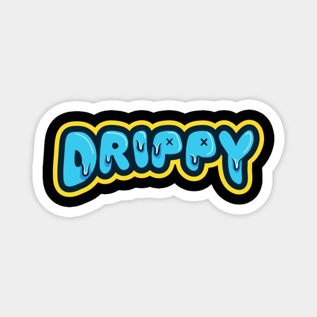 一張藍色滴落文字貼紙，上面寫著「DRIPPY」，帶有黃色和黑色輪廓。