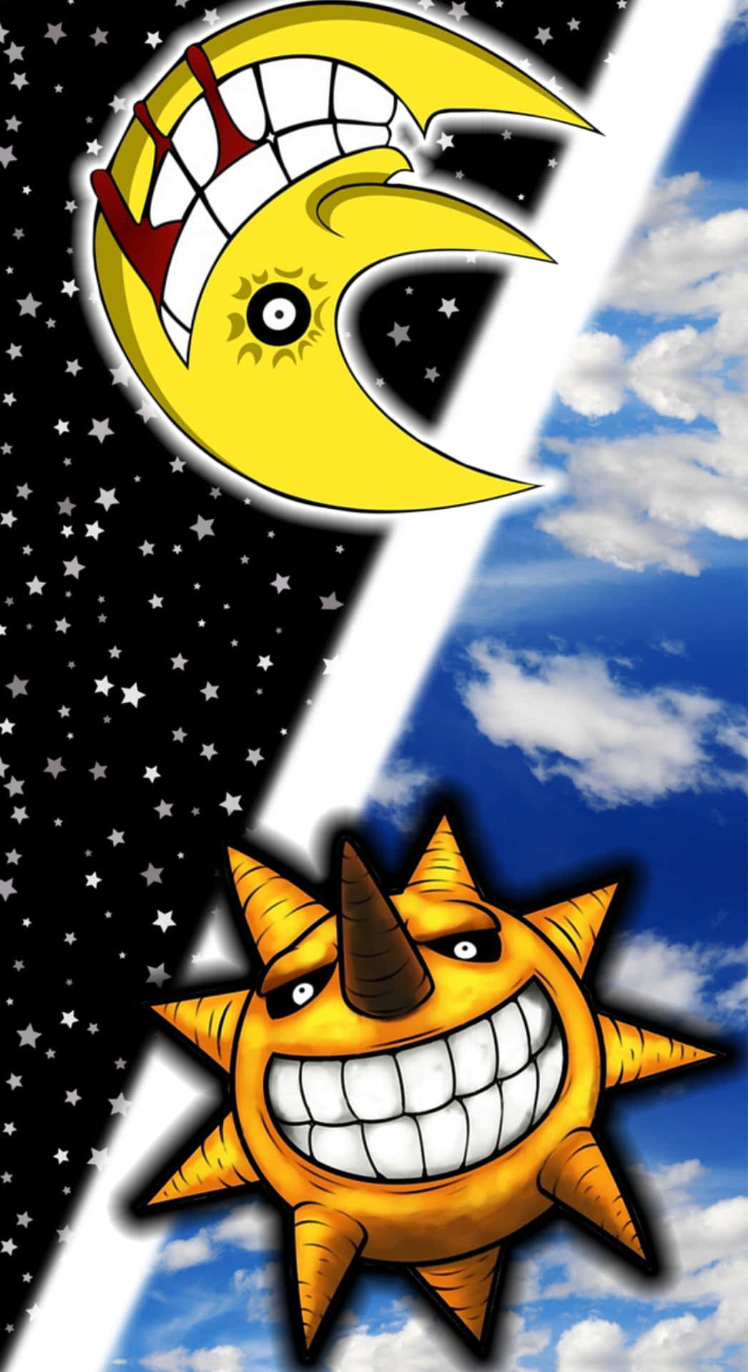  壁紙 — 一個卡通太陽和月亮，帶著笑容和角，在星星和雲朵分割的天空中碰撞。