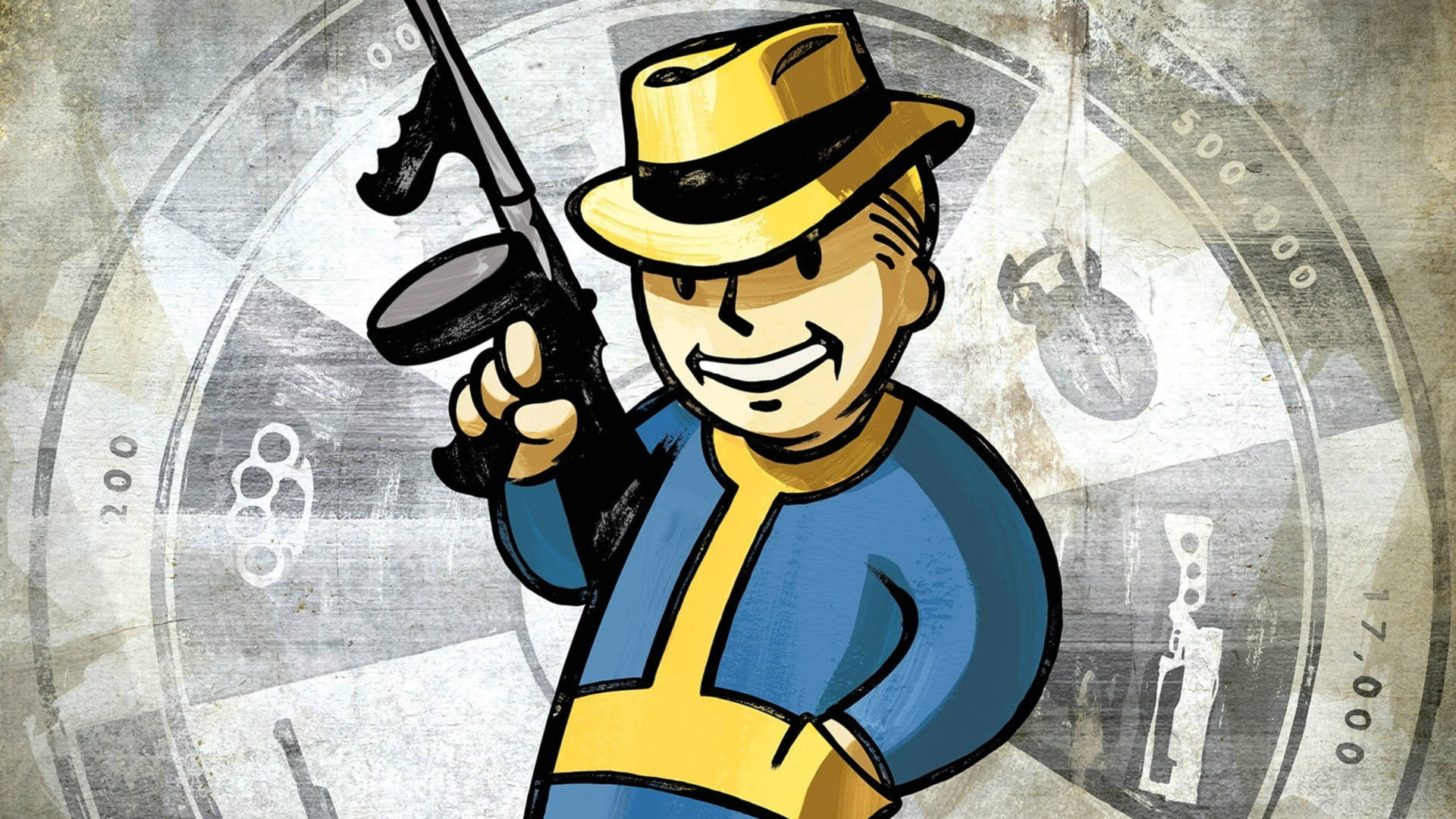 卡通角色Vault Boy拿著槍，背景骯髒。