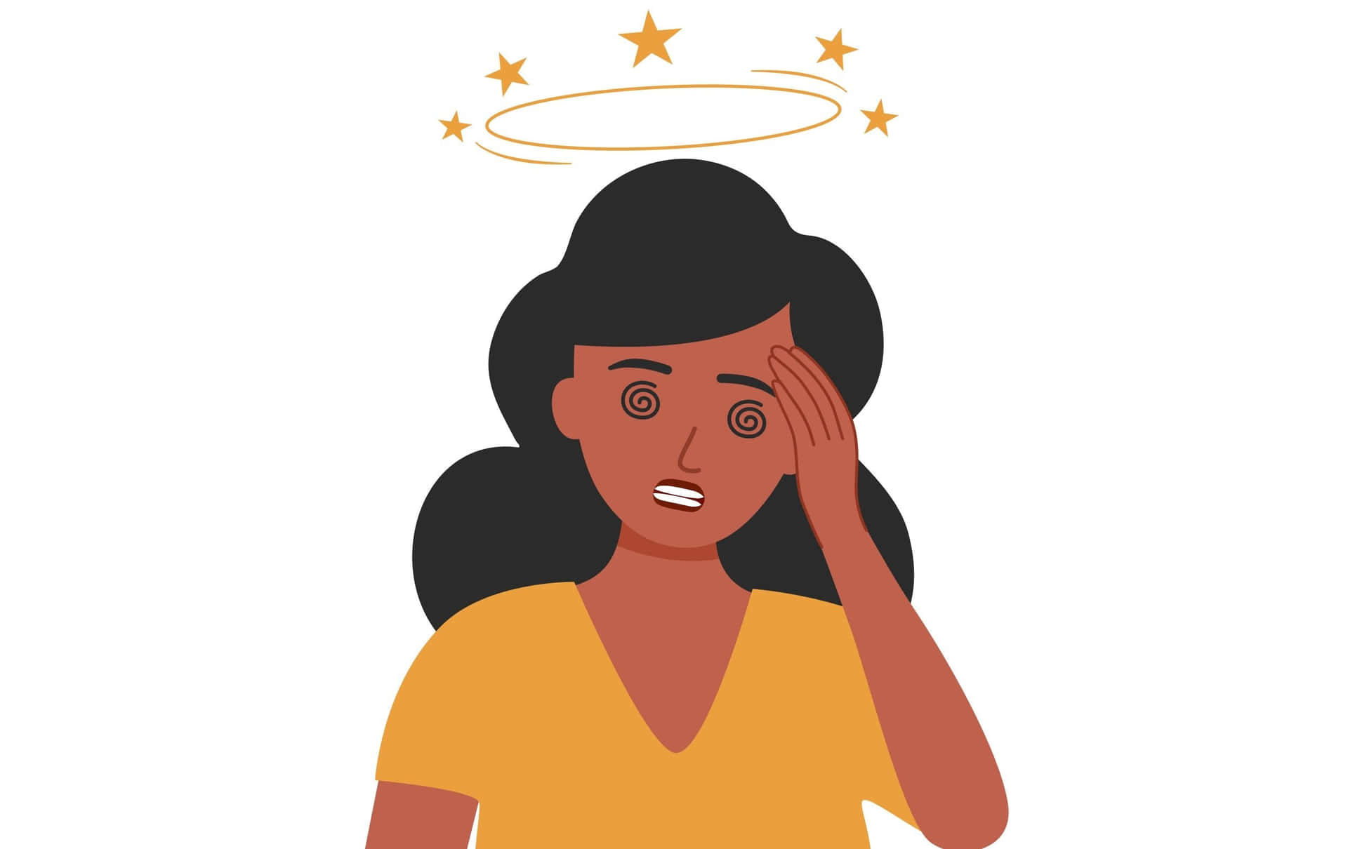  壁紙 — 一個卡通女人，頭上有光環和星星，雙手抱頭，顯得痛苦或困惑。