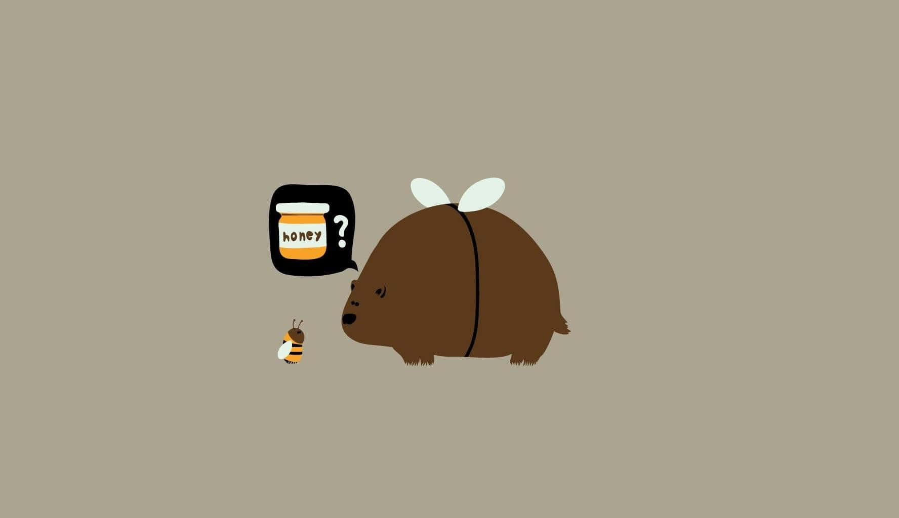 Minimalist Animal 桌布 壁紙 — 一隻有翼嘅卡通袋熊對住一隻喺對話氣泡入面拎住蜜糖罐嘅小蜜蜂露出困惑嘅表情。