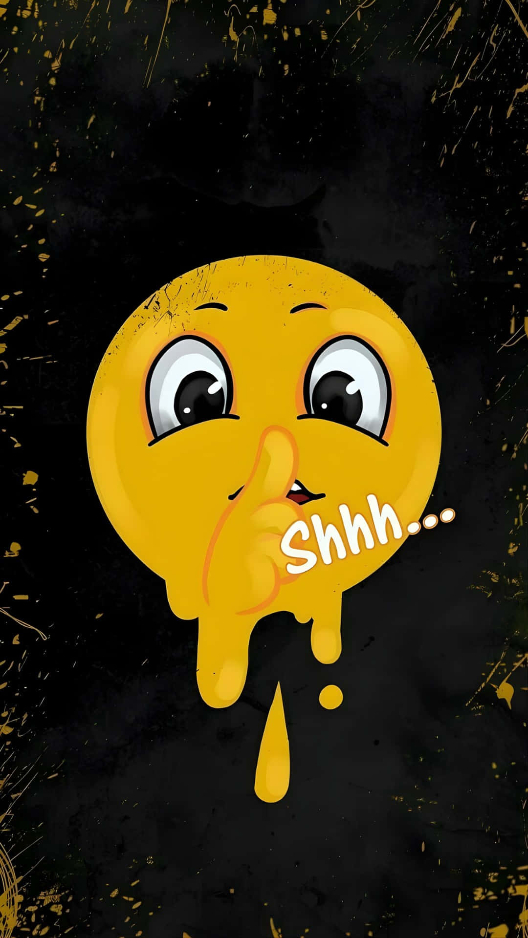  壁紙 — 一個卡通黃色表情符號，眼睛睜大，手指放在嘴唇上，在黑色飛濺的背景上滴落顏料。