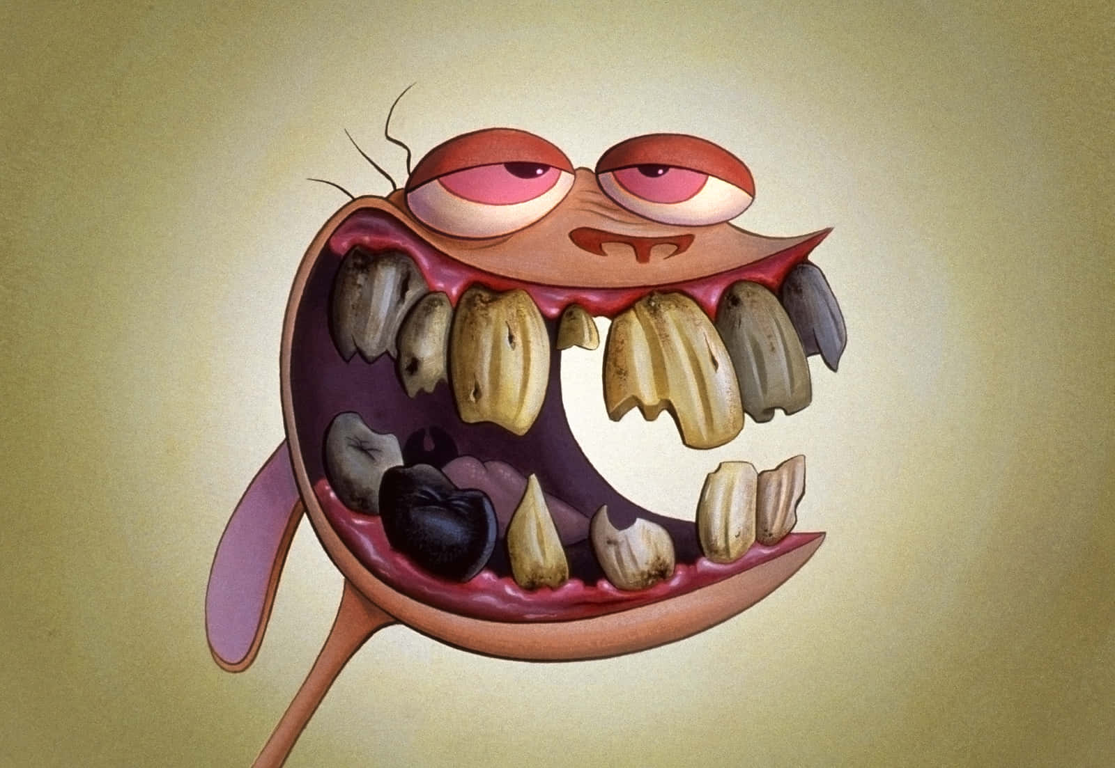  壁紙 — 一個卡通生物，嘴巴大張，滿口蛀牙，牙齦裡嵌著一顆黑莓，背景是米色。