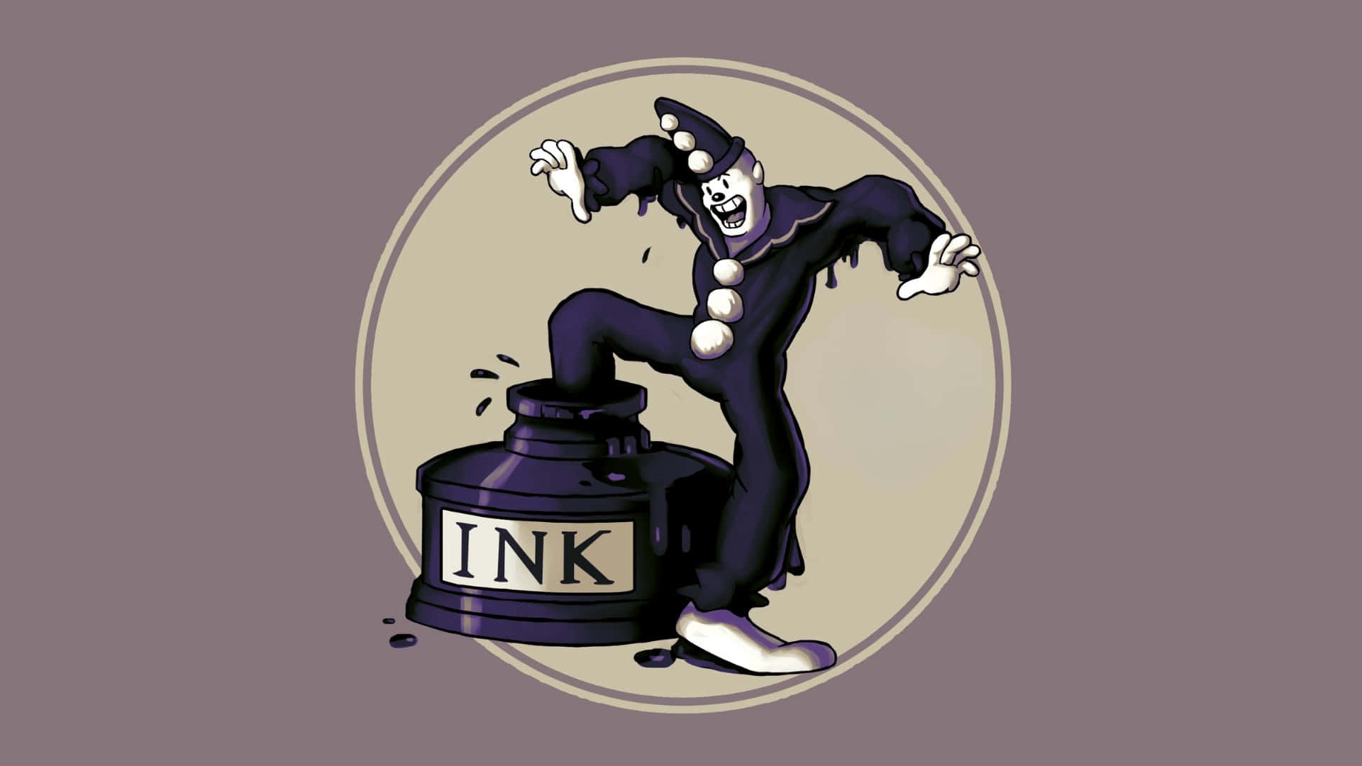  壁紙 — 一個卡通風格、濺滿墨水的紫色小丑，從一個標有 INK 的大墨水瓶中充滿活力地跳出來。