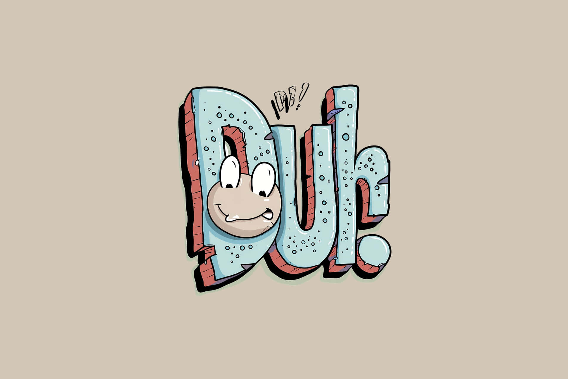  壁紙 — 一個卡通風格的笑臉從「Dul!」一詞中的字母D中浮現，帶有漫畫音效。