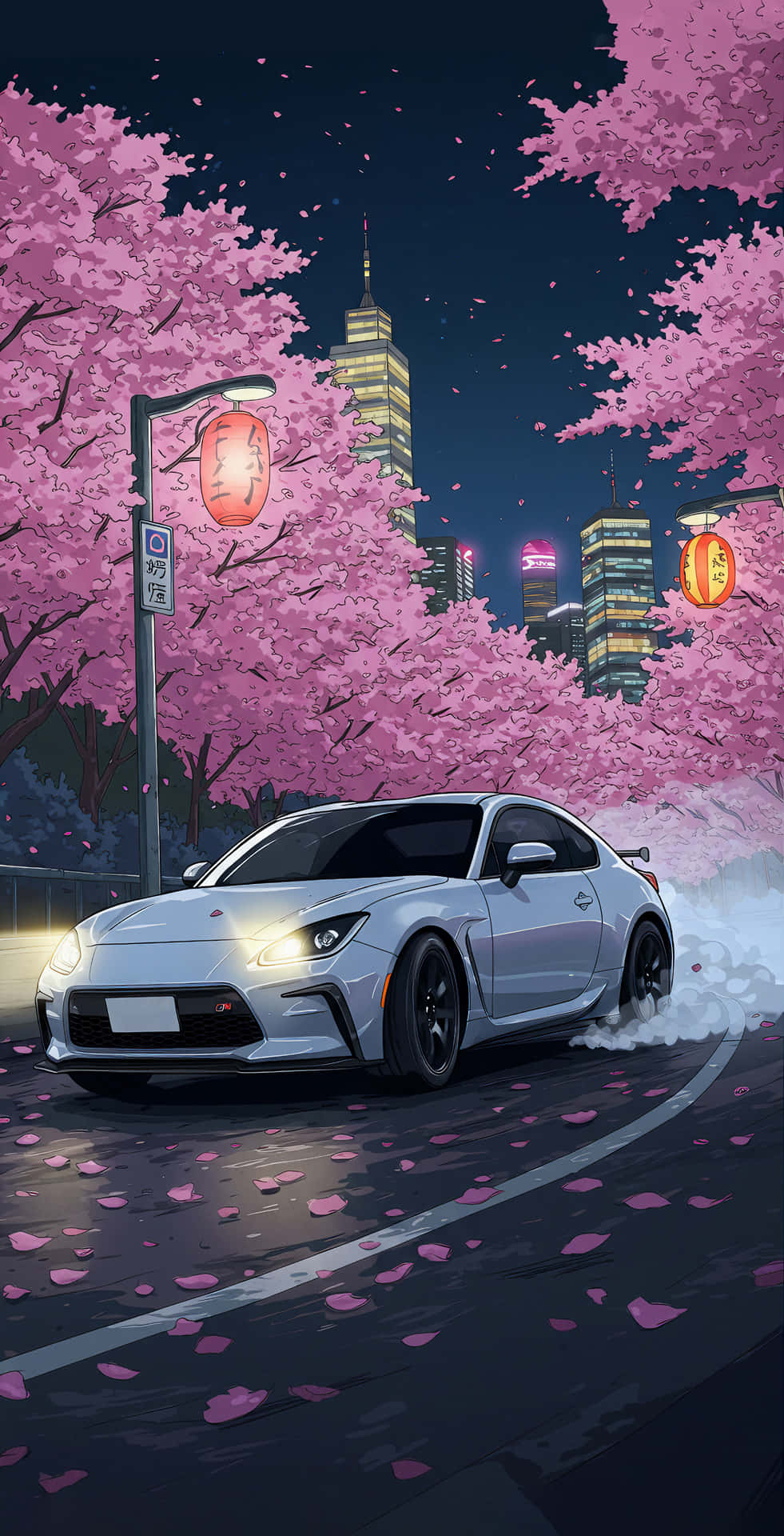 銀色跑車在夜間城市燈光下穿過櫻花花瓣飄移。