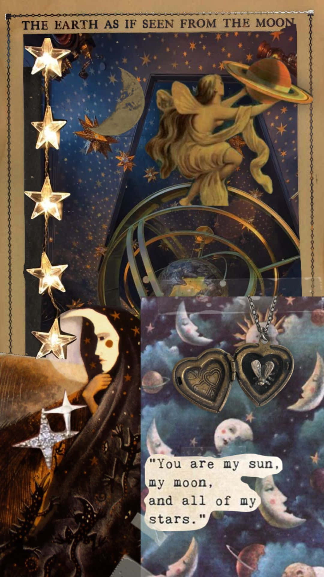  壁紙 — 一幅天體拼貼畫，描繪一個有翼的人物手持土星、發光的星星、月亮和一個心形吊墜，背景是星光燦爛的宇宙。