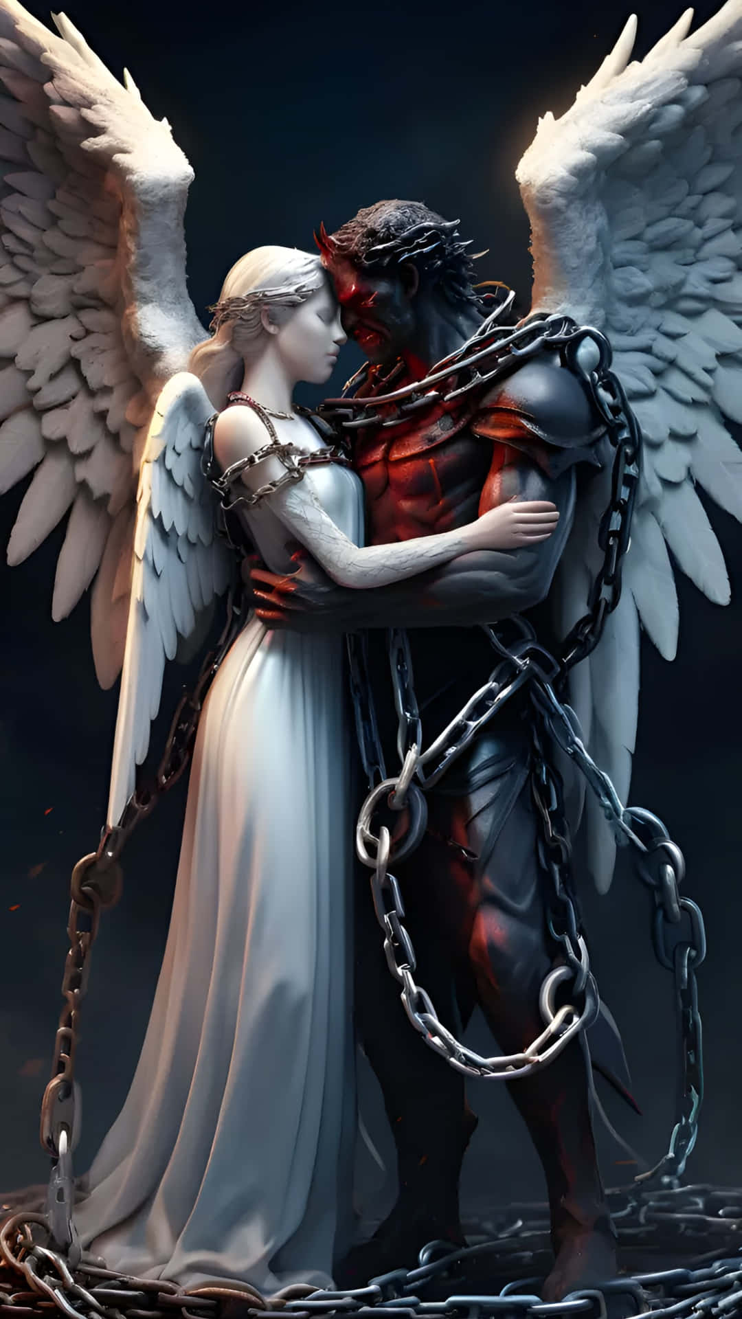  壁紙 — 一個被鎖鏈束縛的天使與惡魔般的身影在黑暗、戲劇性的對峙中擁抱，擁有發光的紅眼和白翼。
