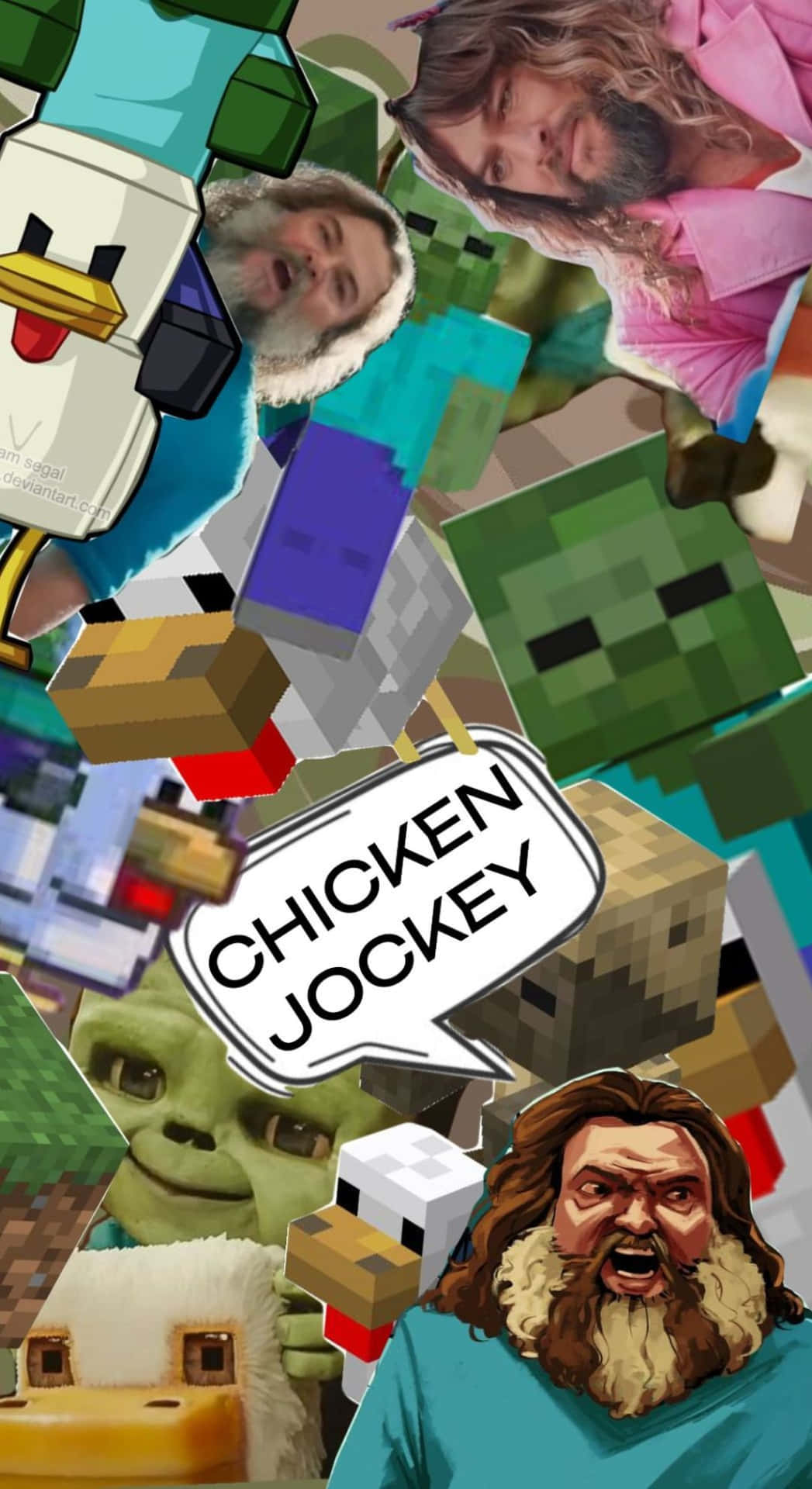  壁紙 — Minecraft角色與真人混雜的混亂拼貼，包括像素風格的雞騎士迷因人物。