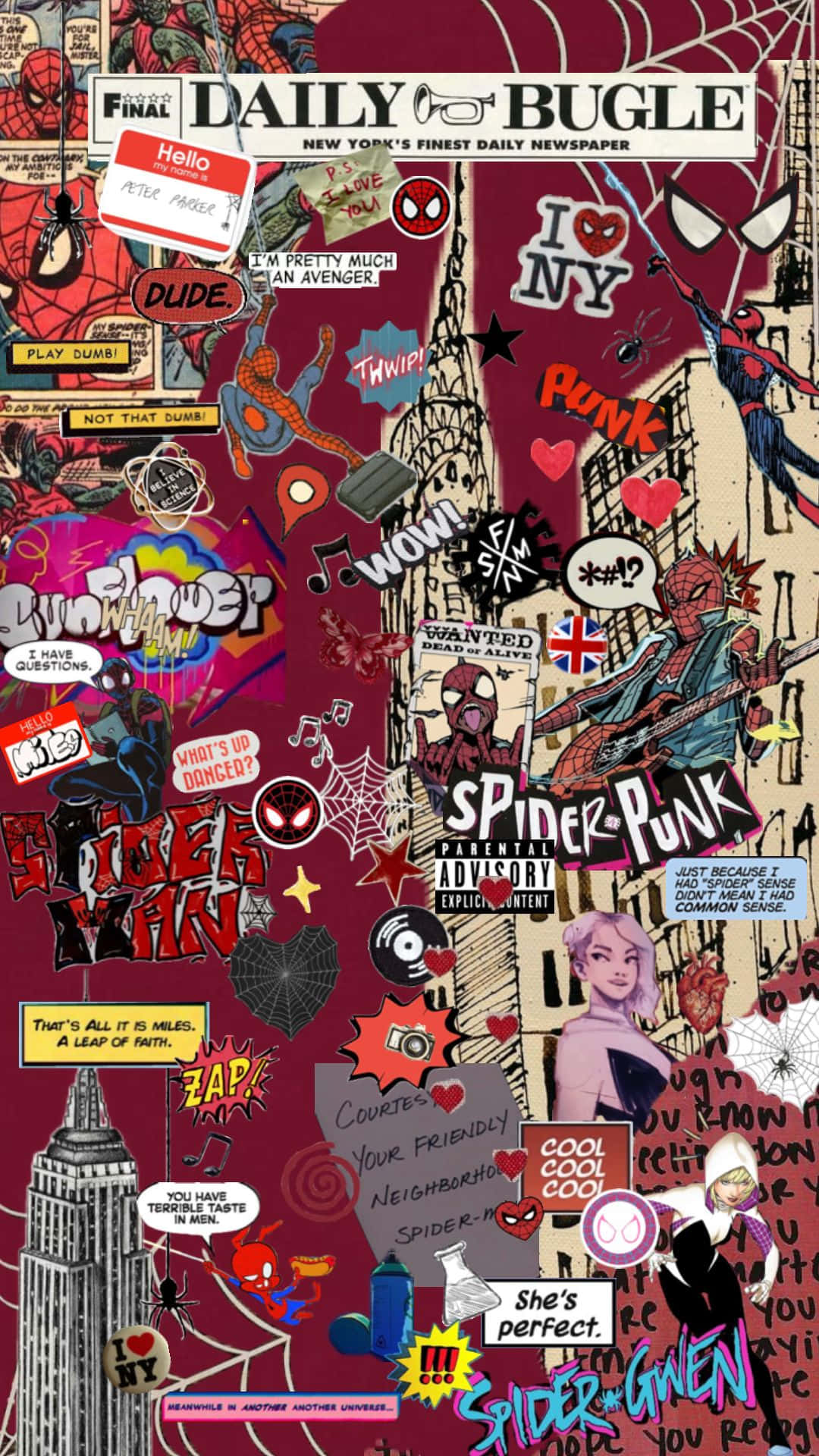 Daily Bugle 桌布 壁紙 — 一個混亂的漫畫拼貼畫， featuring Spider-Man 和 Spider-Gwen 在龐克搖滾紐約，帶有塗鴉和報紙剪報。