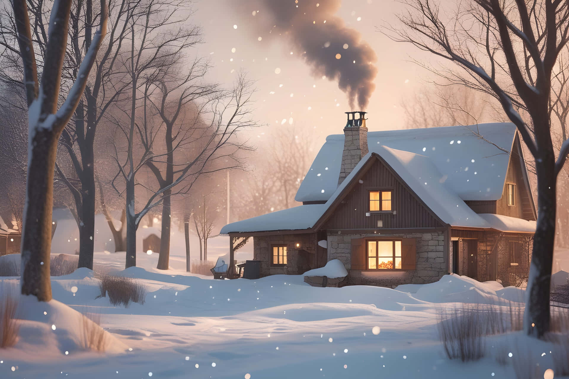 雪地冬季森林中的舒適小屋，帶有溫暖燈光和煙囪冒出的煙