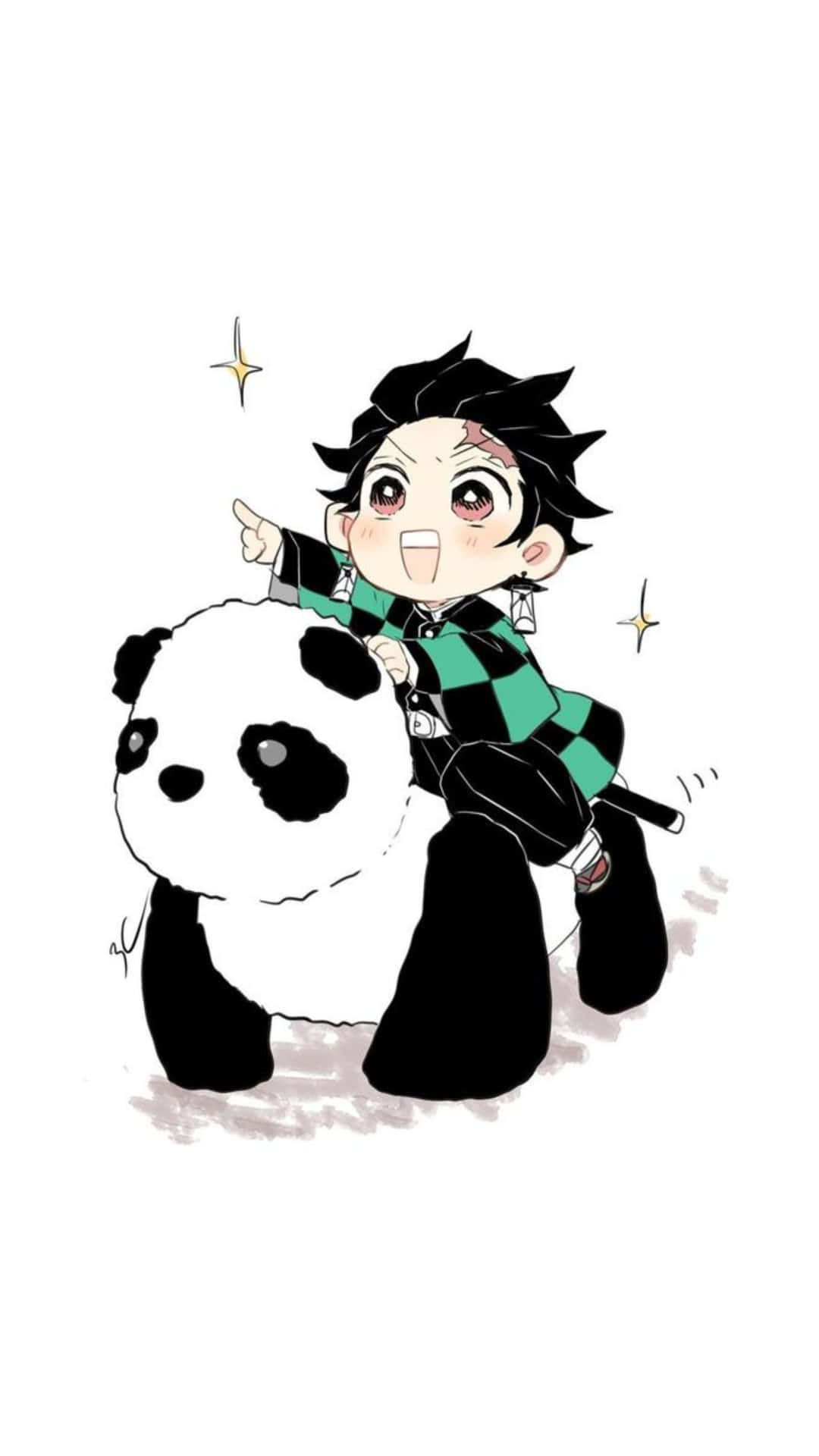 壁紙 — 一個開心的動畫男孩穿著綠色格仔和服，騎著一隻大熊貓，周圍有閃爍的光芒漂浮。
