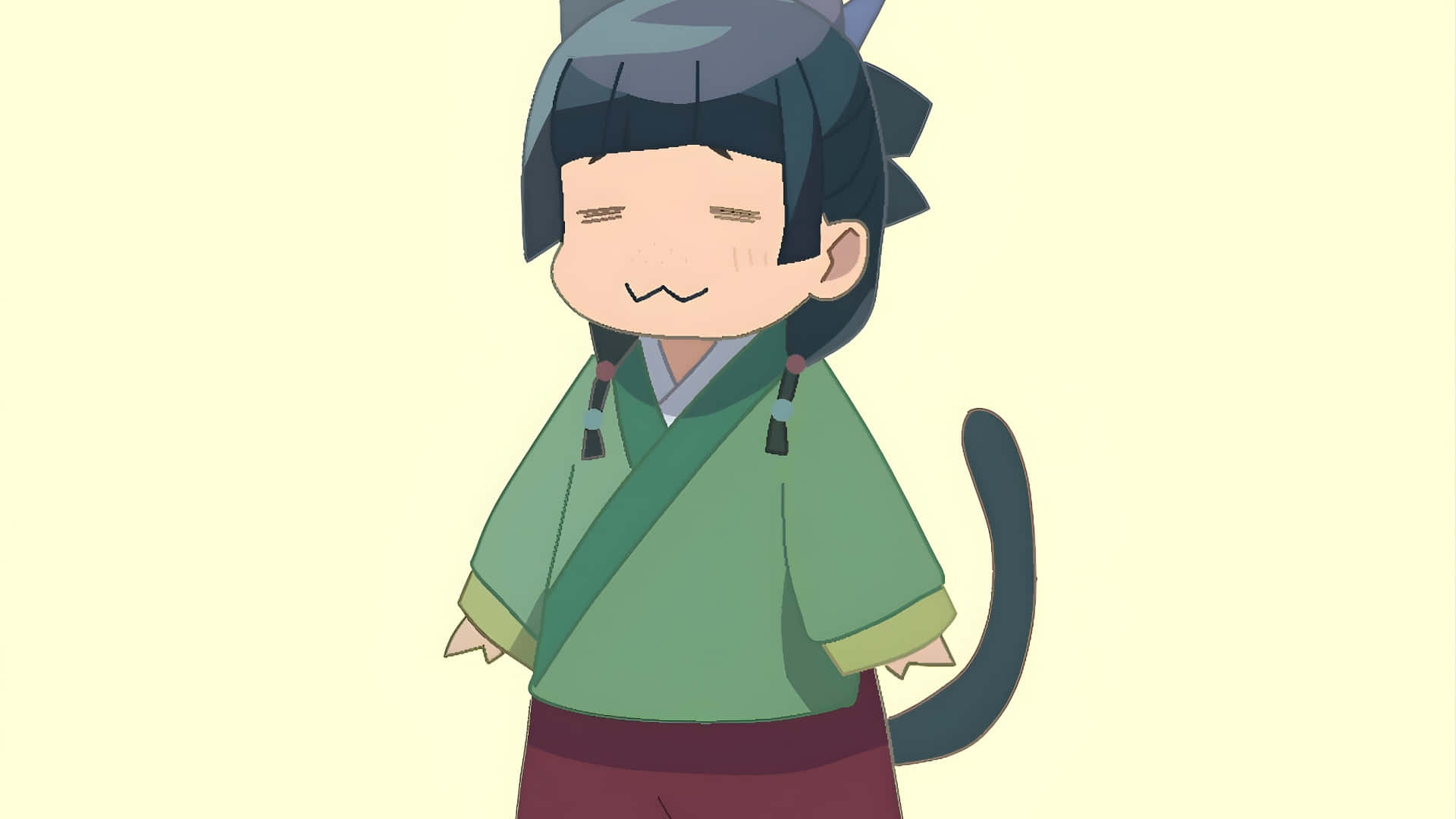  壁紙 — 一個開心的動畫貓男孩穿著綠色長袍，在淡黃色背景上閉著眼睛微笑。