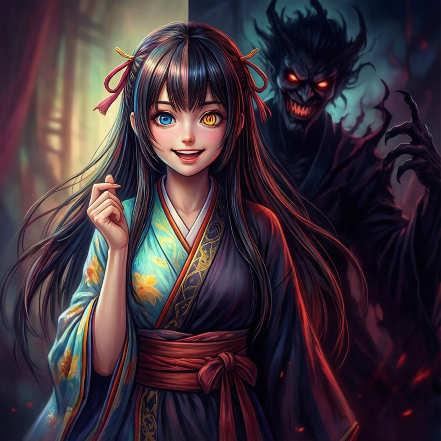 穿著和服的動漫女孩，身後有惡魔