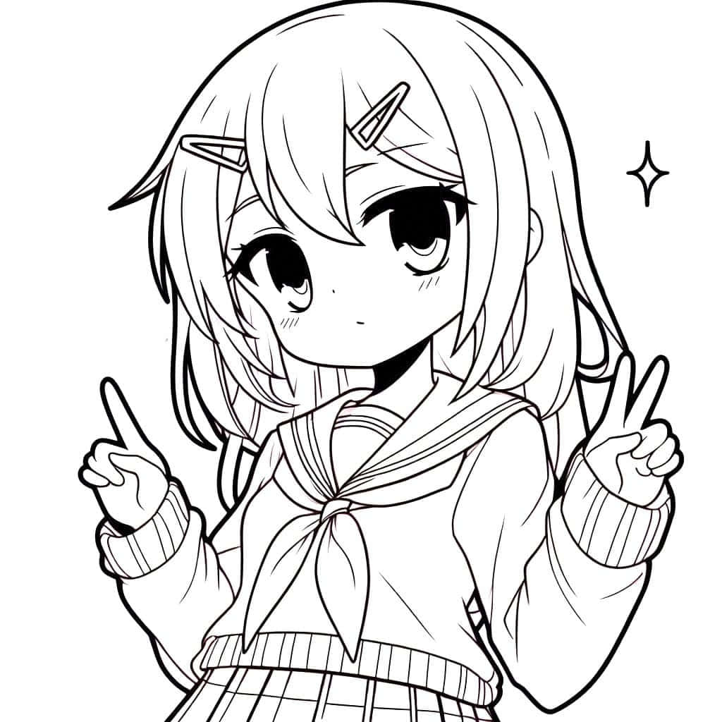  壁紙 — 一個穿著水手服的開心動畫女孩微笑著，雙手做出和平手勢。