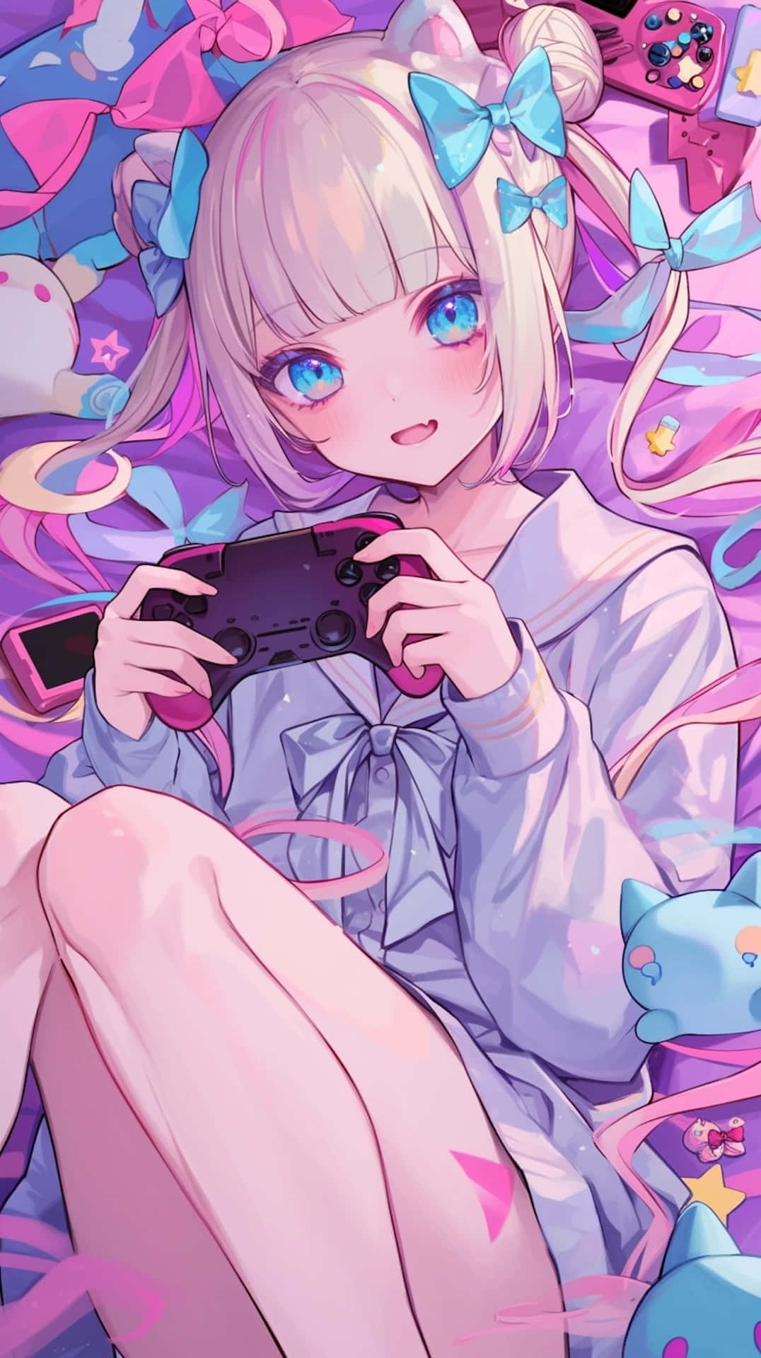 Needy Streamer Overload 桌布 壁紙 — 一個開心的動漫女孩，戴著貓耳和藍色蝴蝶結，在粉紅色絲帶和毛絨玩具的環繞下玩遊戲機。