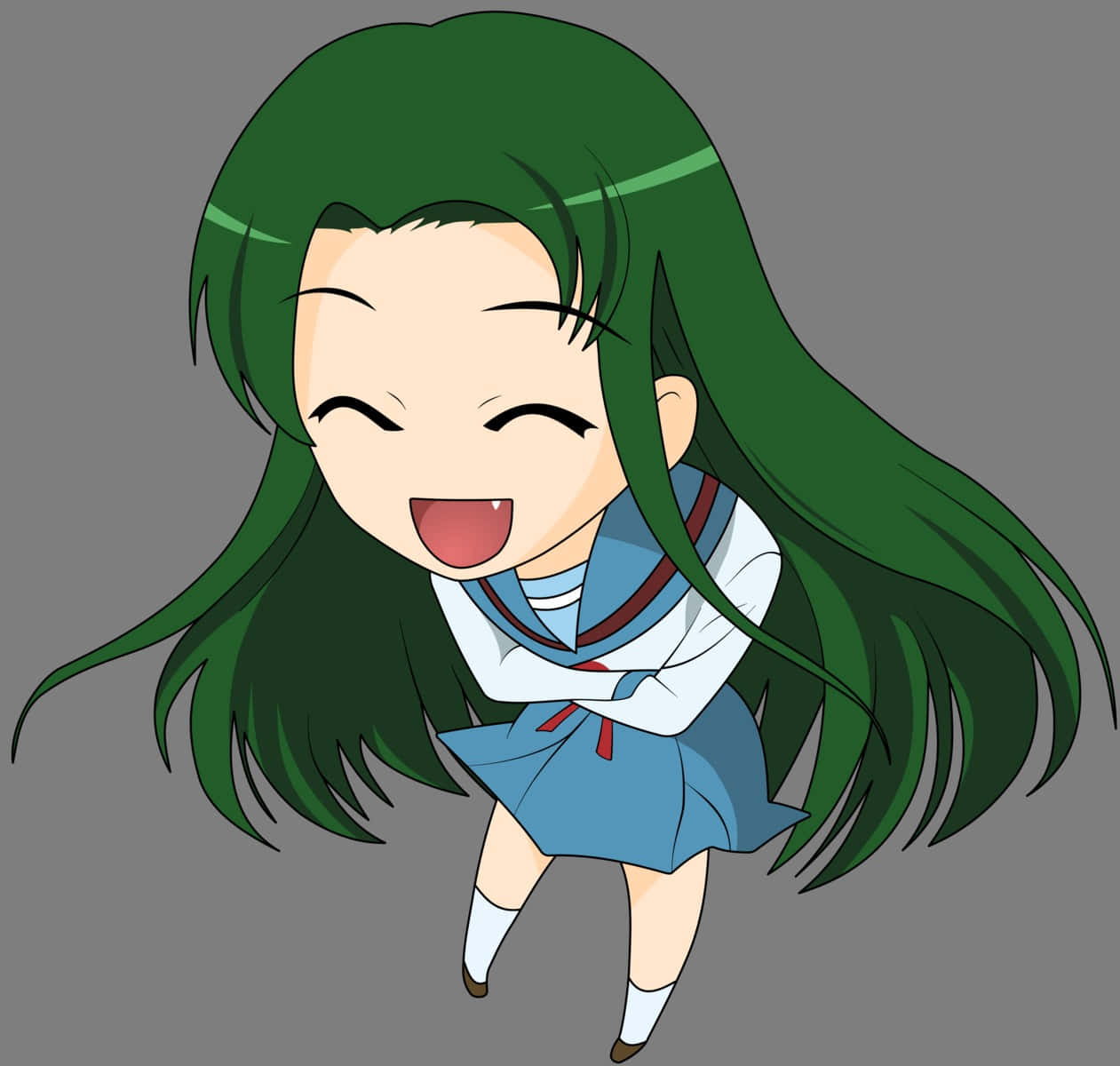  壁紙 — 一個開心的動漫女孩，長長的綠色頭髮，穿著藍色水手服，在純灰色背景前開懷大笑。