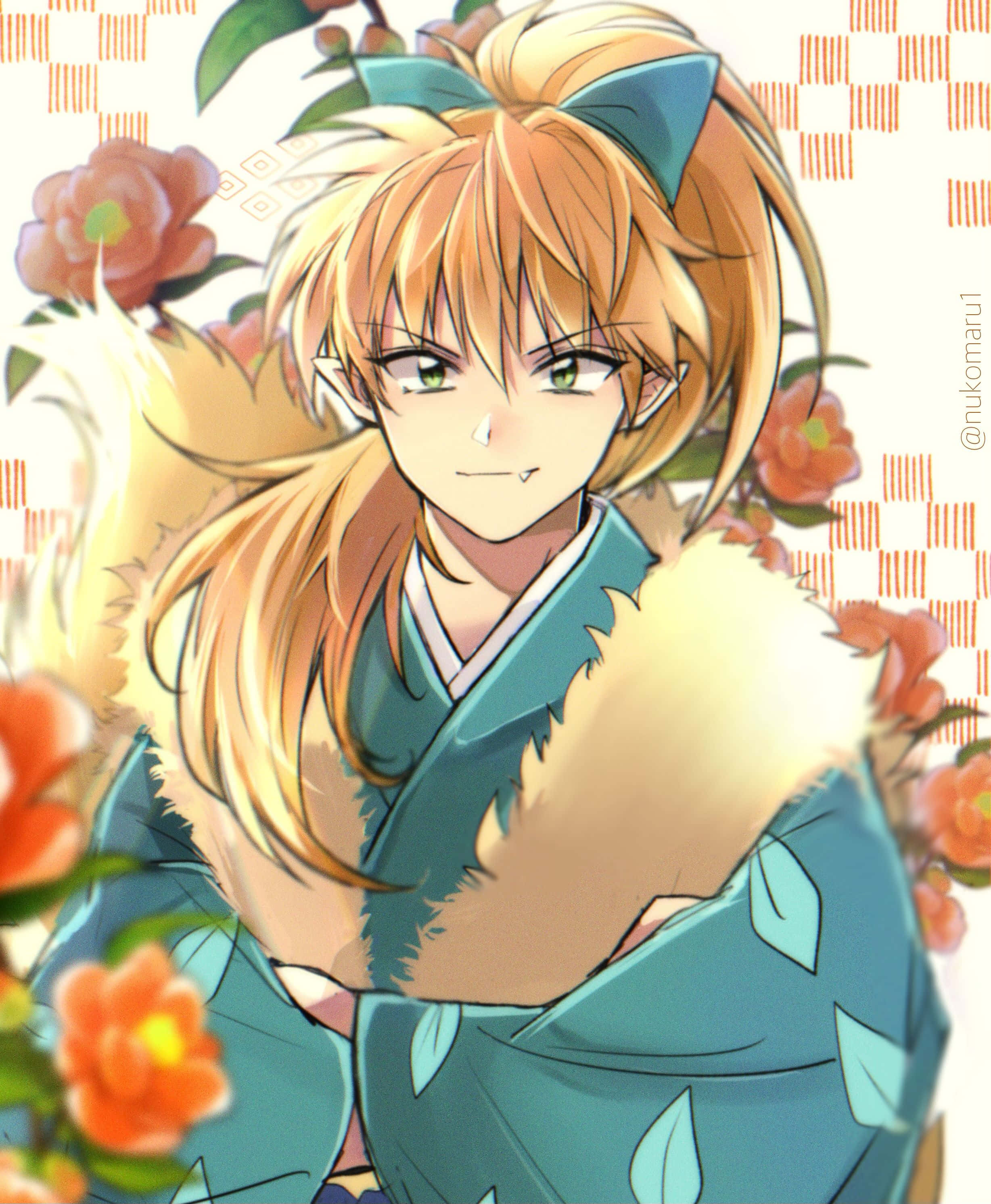 Inuyasha And Shippo 桌布 壁紙 — 一個開朗的動漫女孩，橙色頭髮和綠色眼睛，穿著帶有葉子圖案和毛絨領口的青綠色和服，周圍盛開著橙色的花朵。