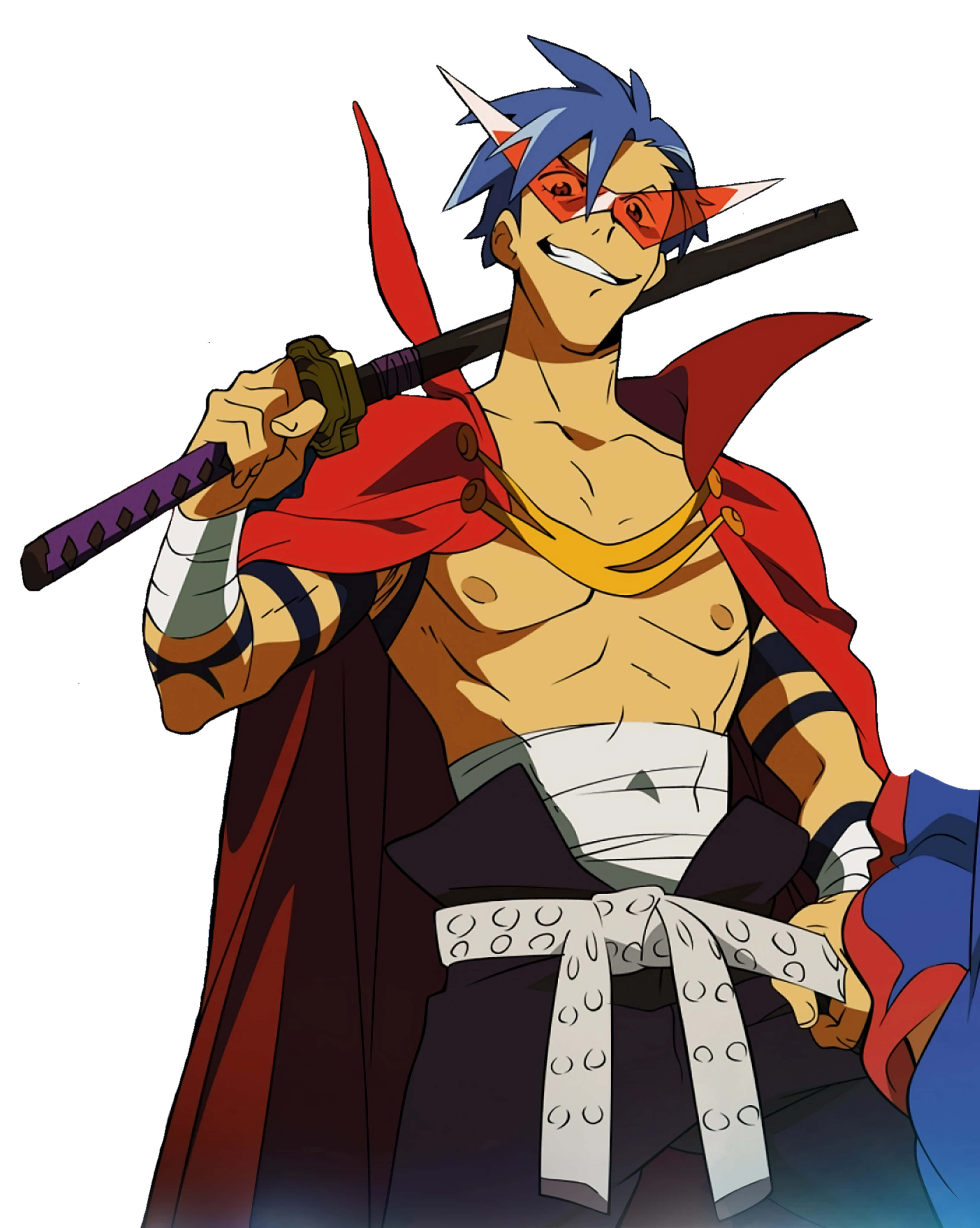 Gurren Lagann Kamina 桌布 壁紙 — 一個開心的動漫戰士，藍色頭髮和紅色護目鏡，肩上扛著一把武士刀，背景為白色。