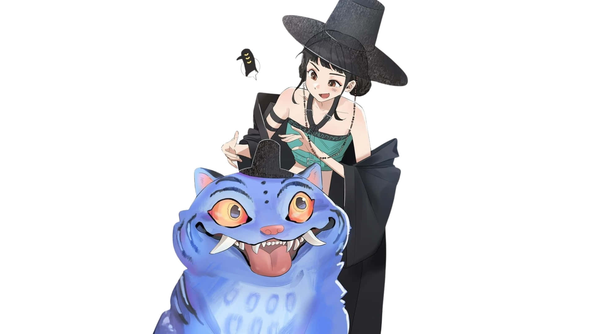  壁紙 — 一位開心的動畫女巫，戴著黑色帽子和長袍，騎著一隻擁有發光橙色眼睛和尖牙的大藍虎。