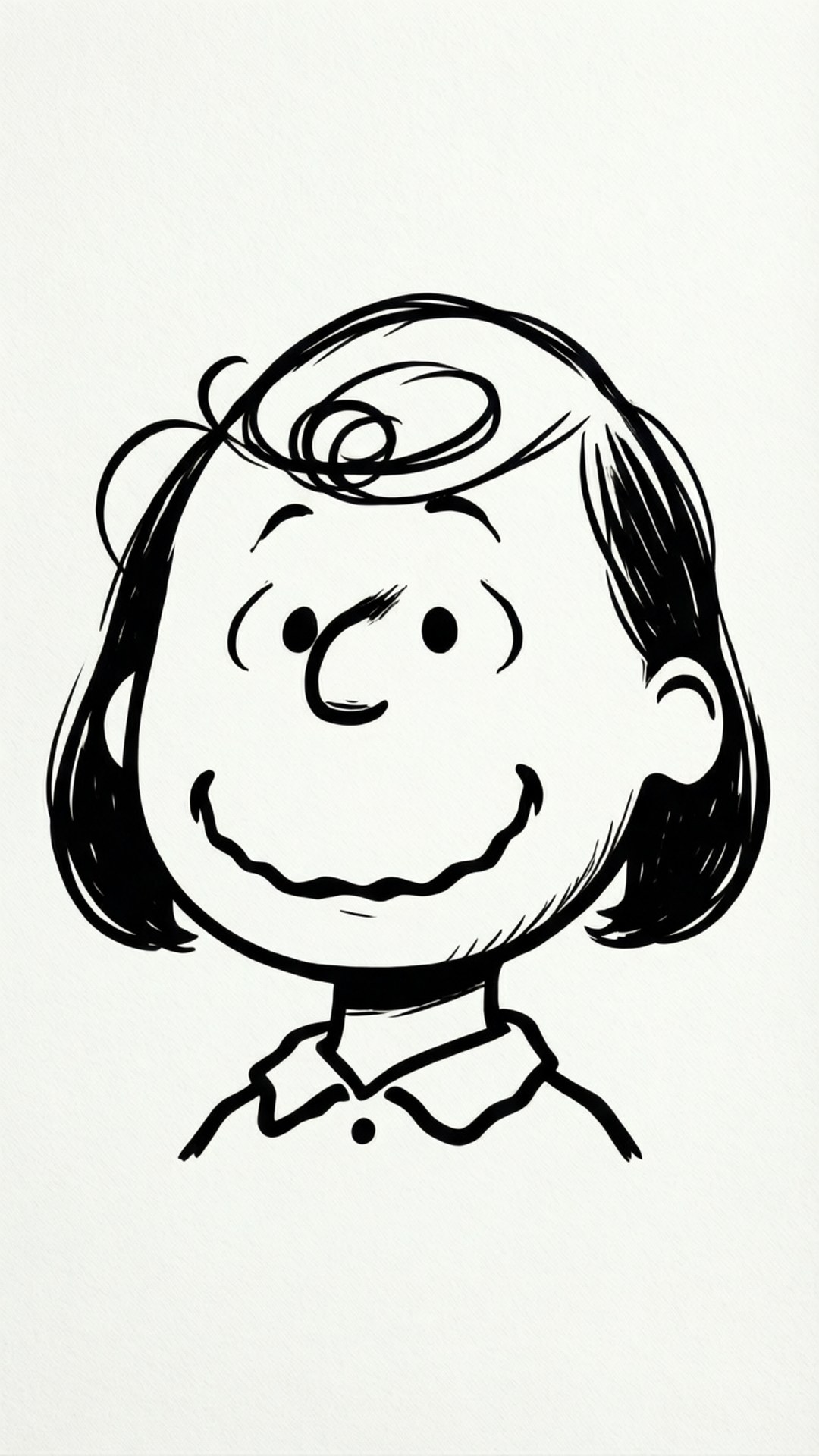 Lucy Van Pelt 桌布 壁紙 — 一個開心的黑白卡通女孩，咧嘴大笑，留著鮑伯頭，在純色背景前微笑。