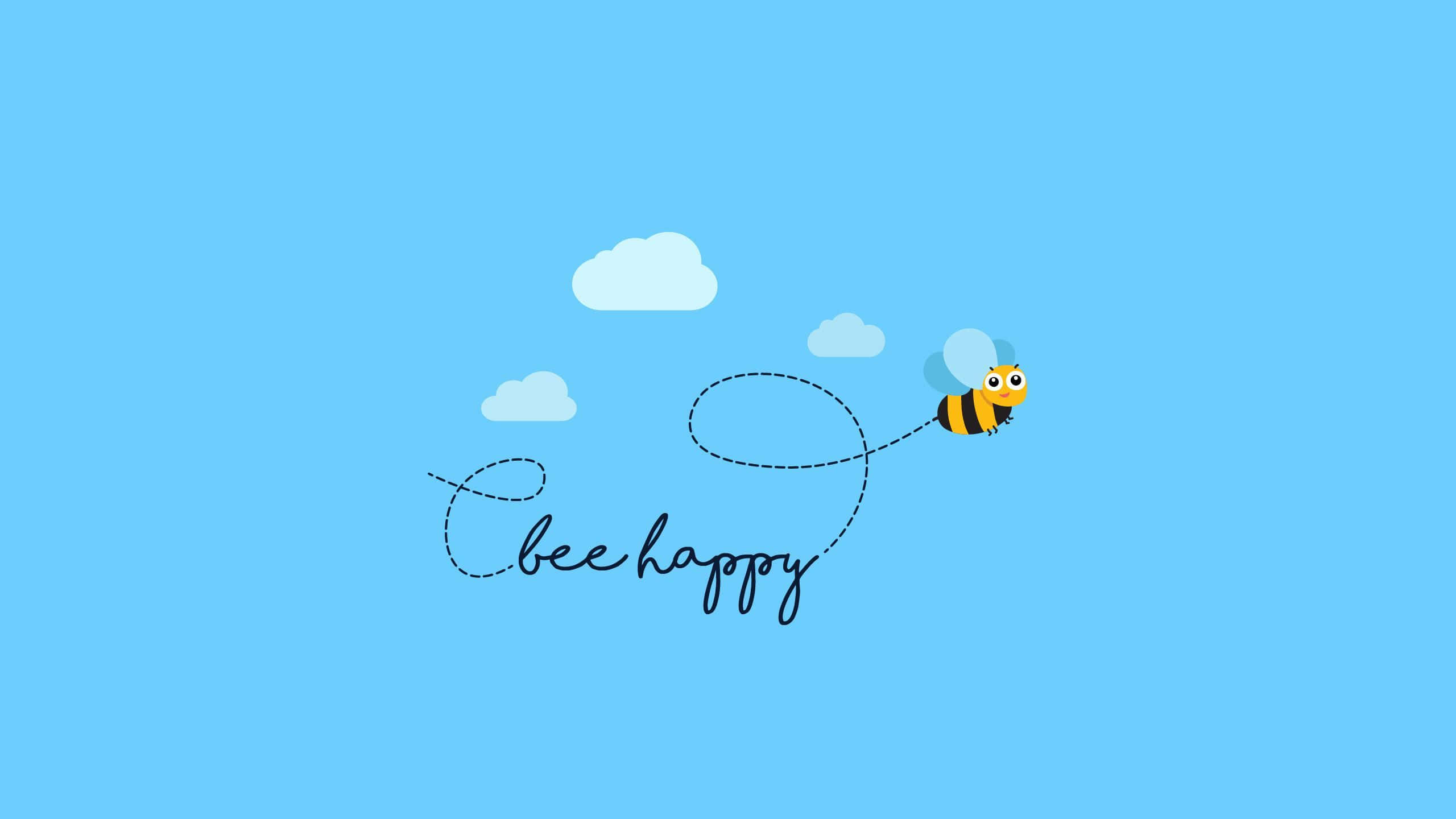 Cheerful 桌布 壁紙 — 一隻快樂的卡通蜜蜂飛過明亮的藍天，留下一條虛線，拼出「bee happy」，上方有蓬鬆的雲朵。