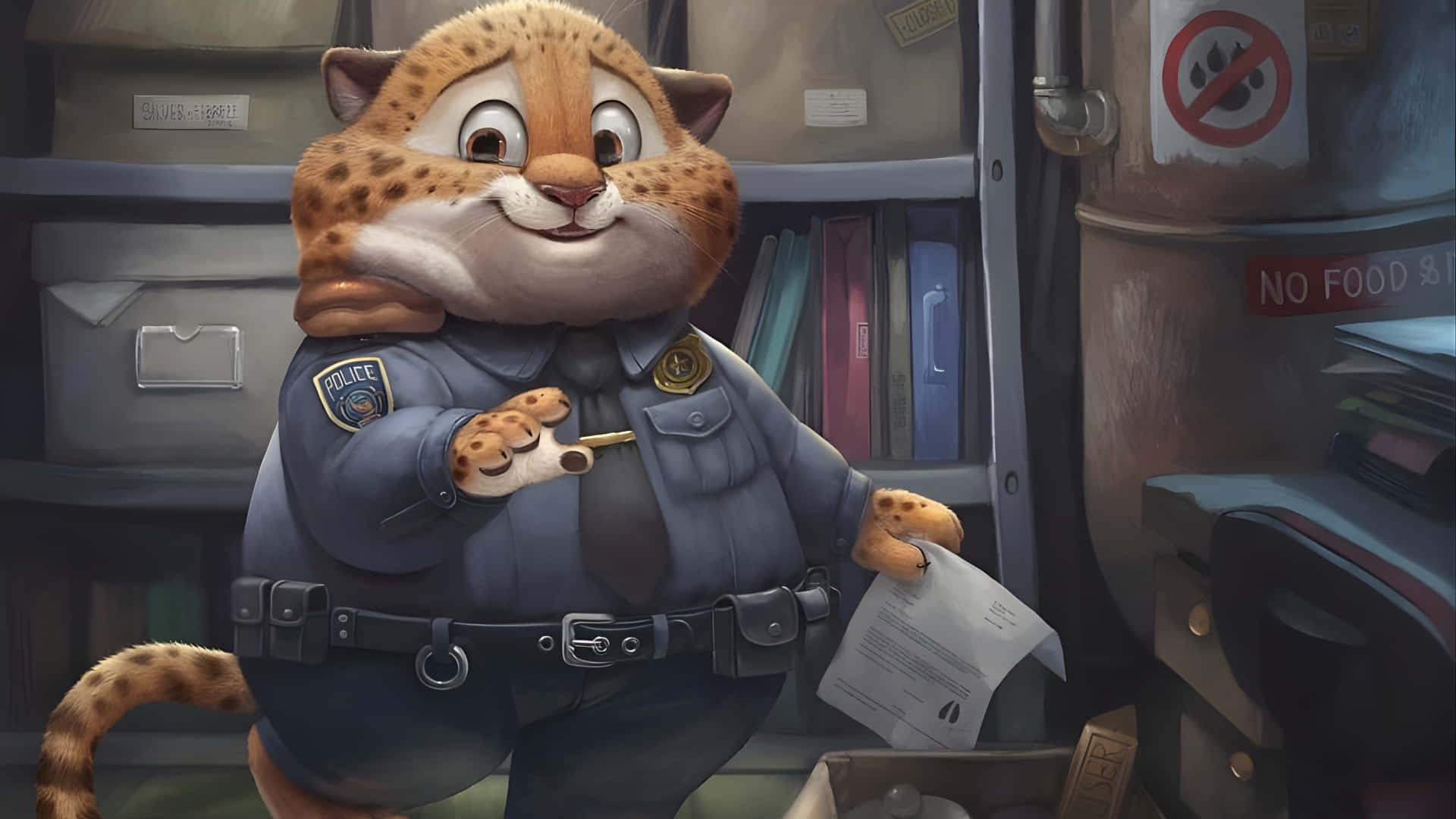  壁紙 — 一隻穿著警察制服、開心的卡通獵豹在雜亂的辦公室裡拿著筆和紙。