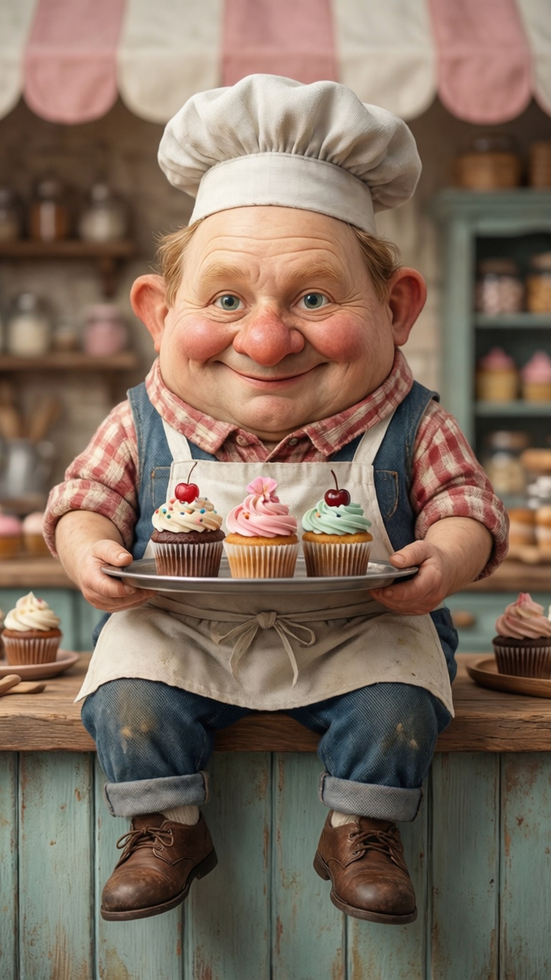 Baker Humpty 壁紙 — 一位面頰紅潤的愉快卡通廚師，在舒適的麵包店裡拿著一個托盤，上面有三個色彩繽紛、頂部有櫻桃的杯子蛋糕。